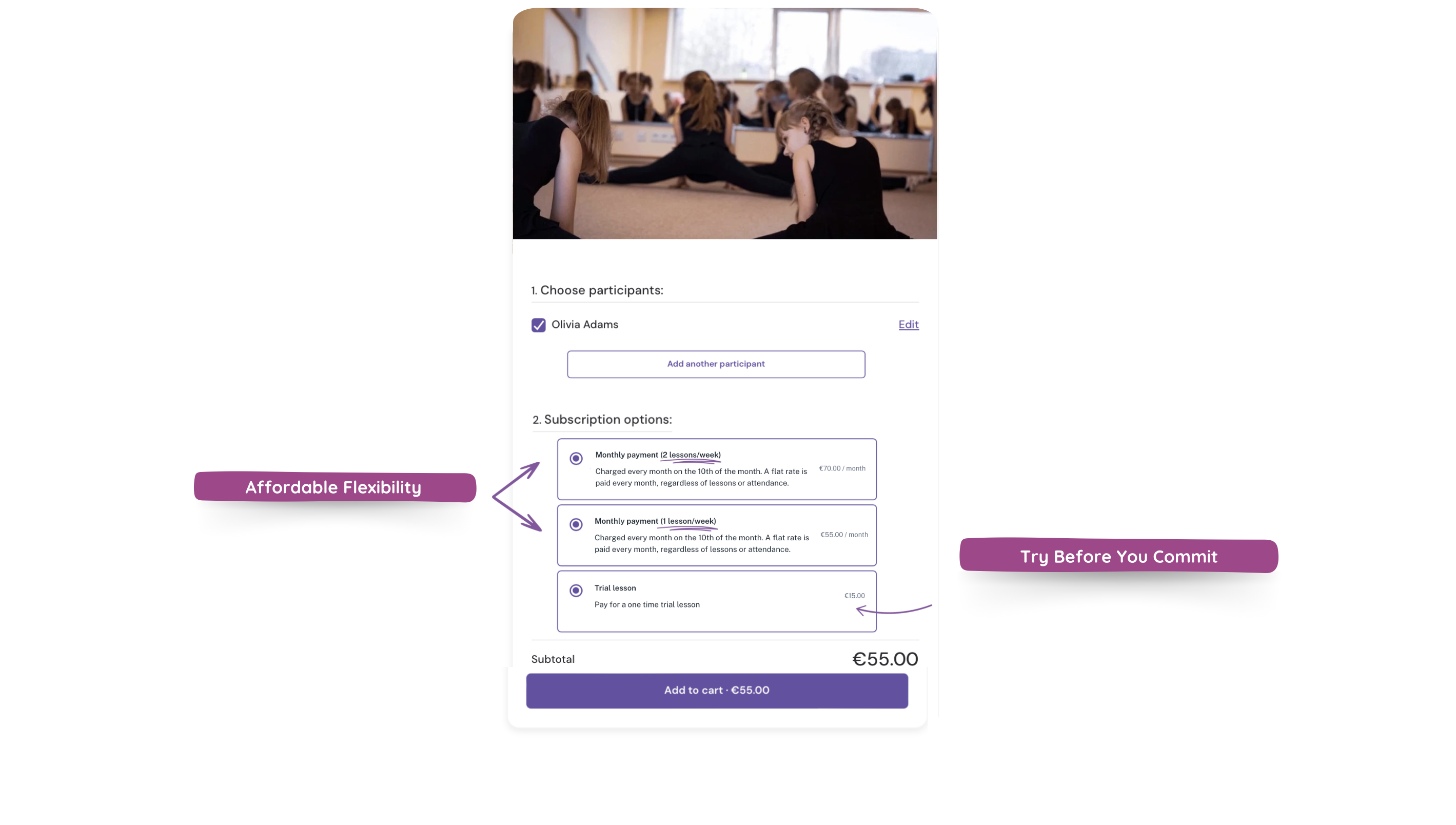 Visual representation of the monthly payment plan in Exoclass advanced payment functionality, enabling clients to pay for classes on a monthly basis with flexible scheduling.