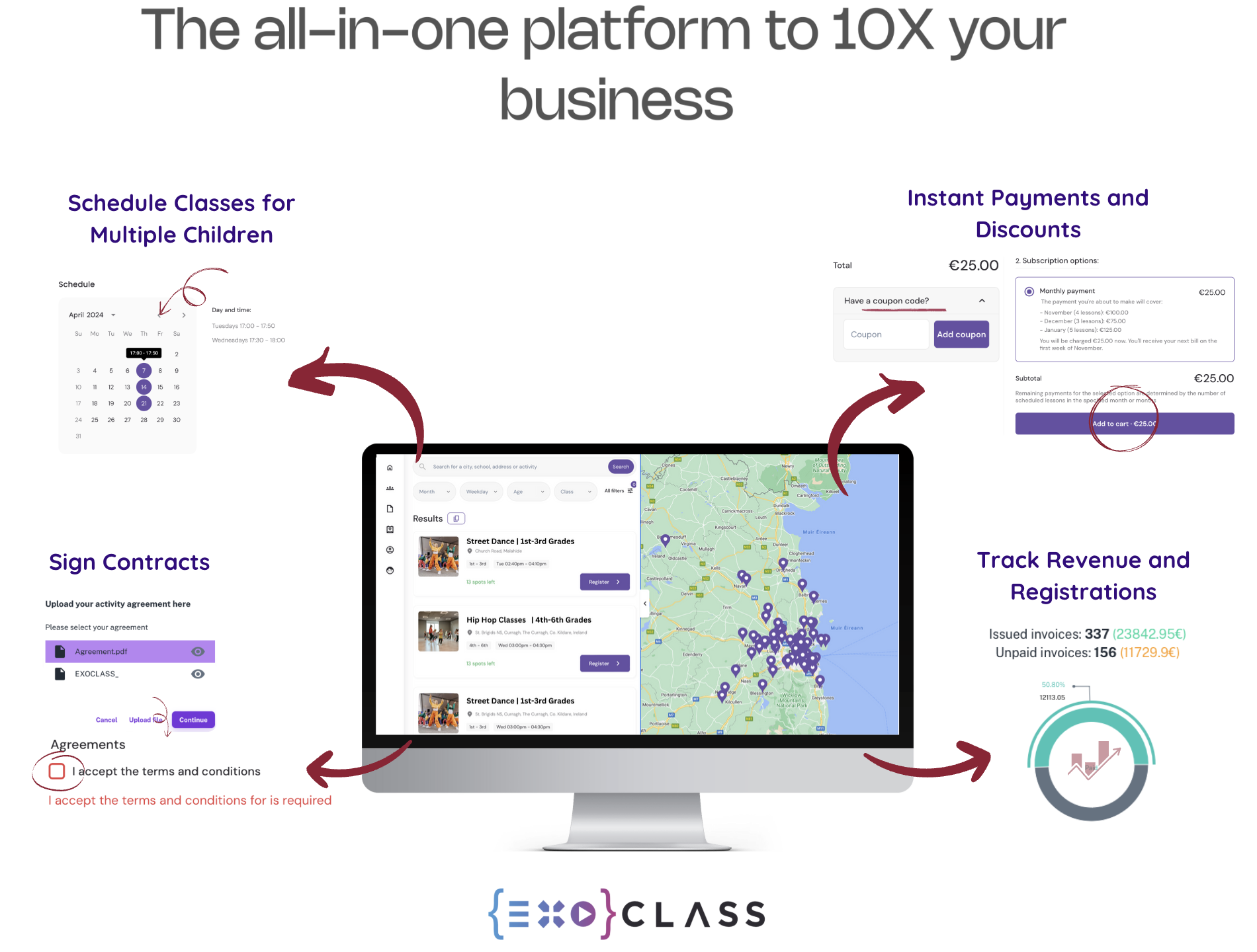 Key features of the Exoclass management system, including automated registration, efficient payment processing, centralized data management, and intuitive client tools for after-school clubs and camps