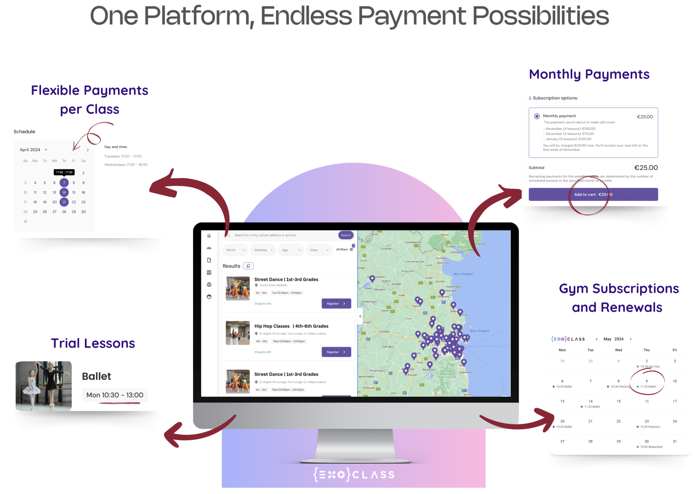 One platform, endless payment possibilities with Exoclass education club management software, featuring tailored payment solutions and flexible payment plans for after-school programs.