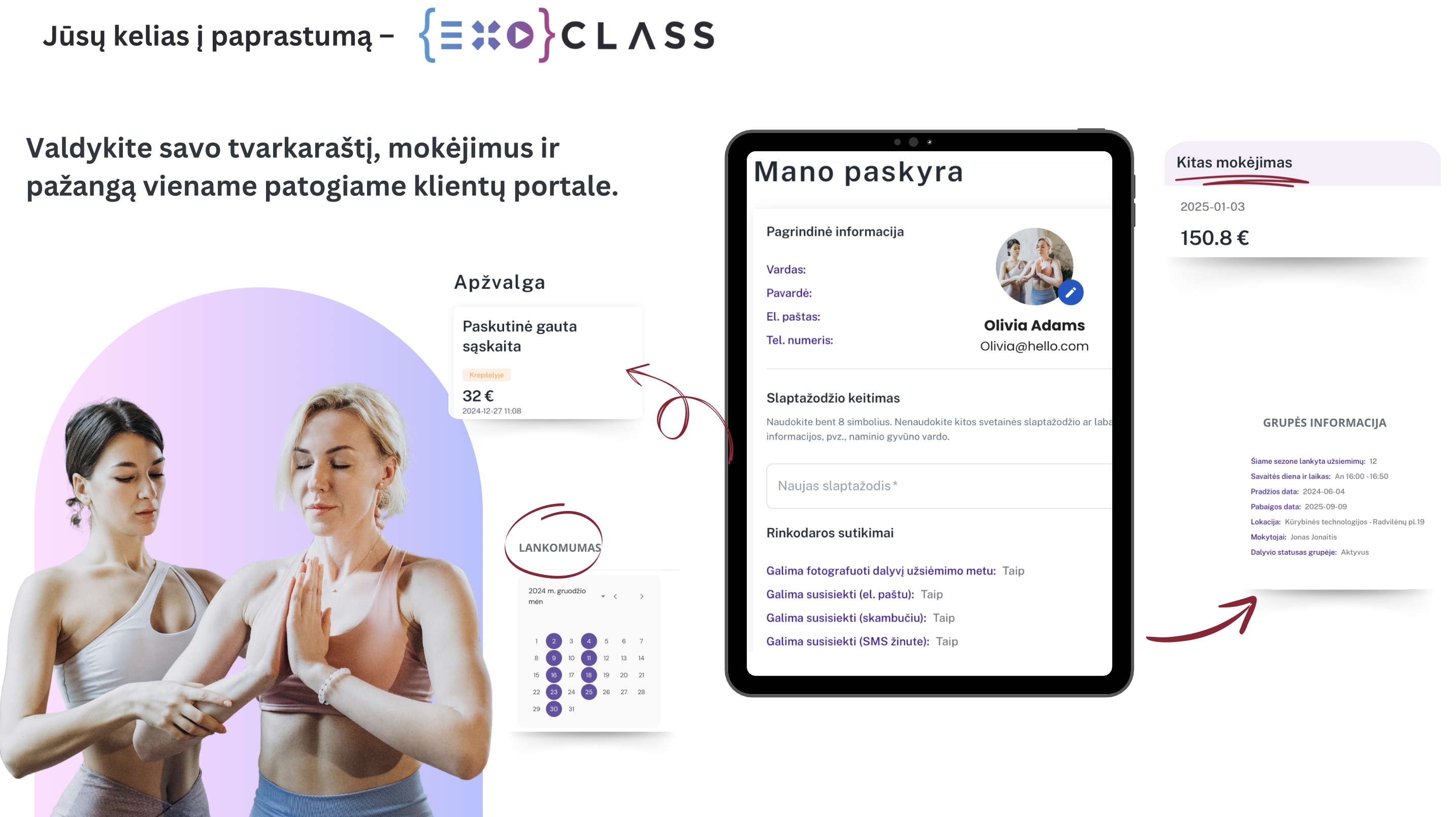 Exoclass klientų portalas – supaprastintas būrelio administravimas su lengva prieiga prie tvarkaraščių, mokėjimų ir lankomumo sekimo.