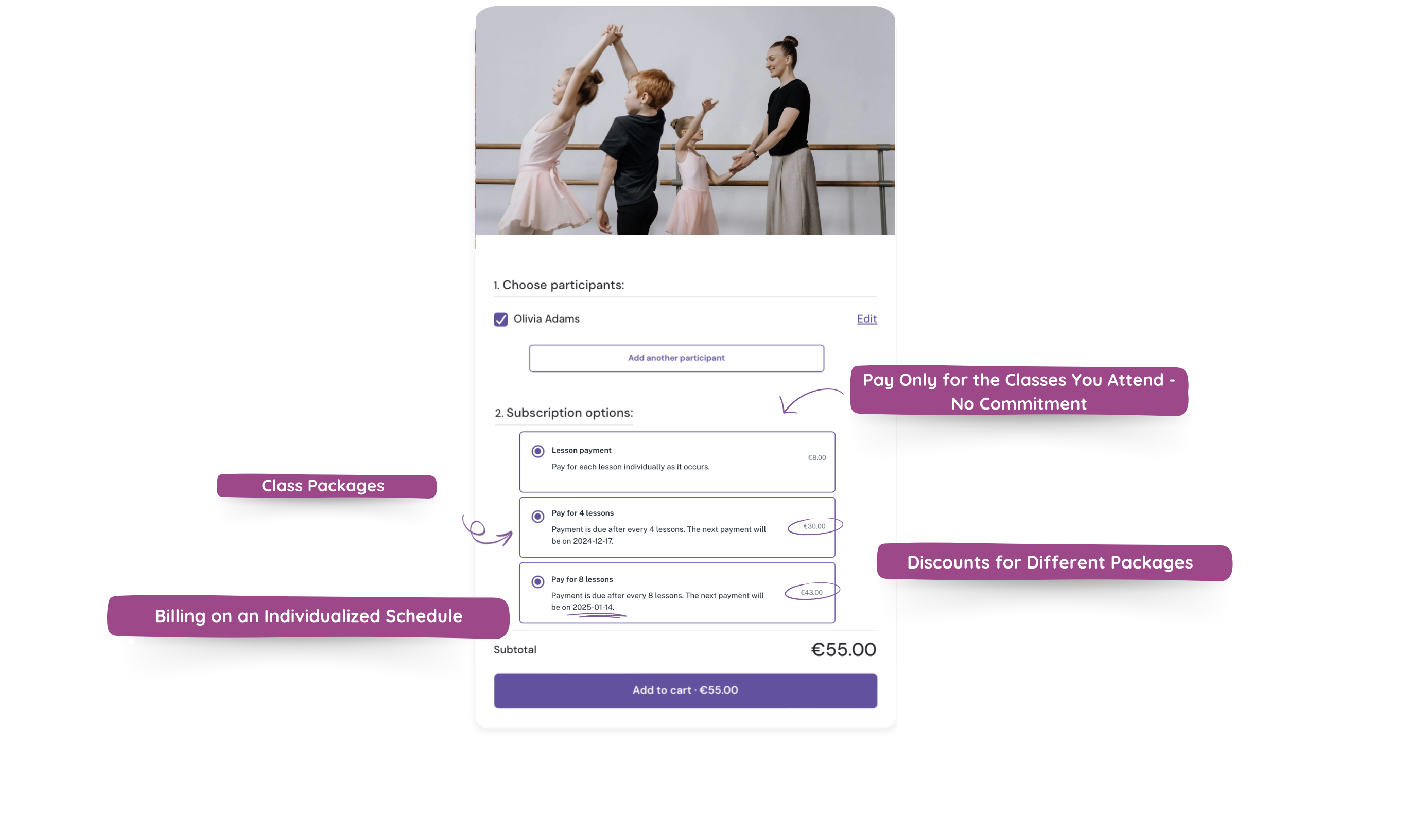 Illustration showing the pay-per-class option in Exoclass advanced payment functionality, allowing clients to pay for individual sessions with flexible intervals.