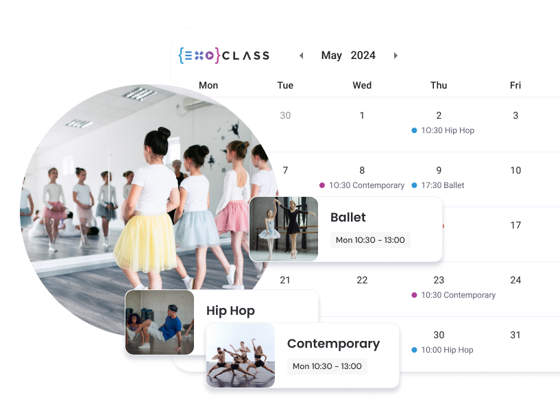 ExoClass timetable interface showcasing all-in-one dance class booking system for scheduling, payments & attendance tracking.