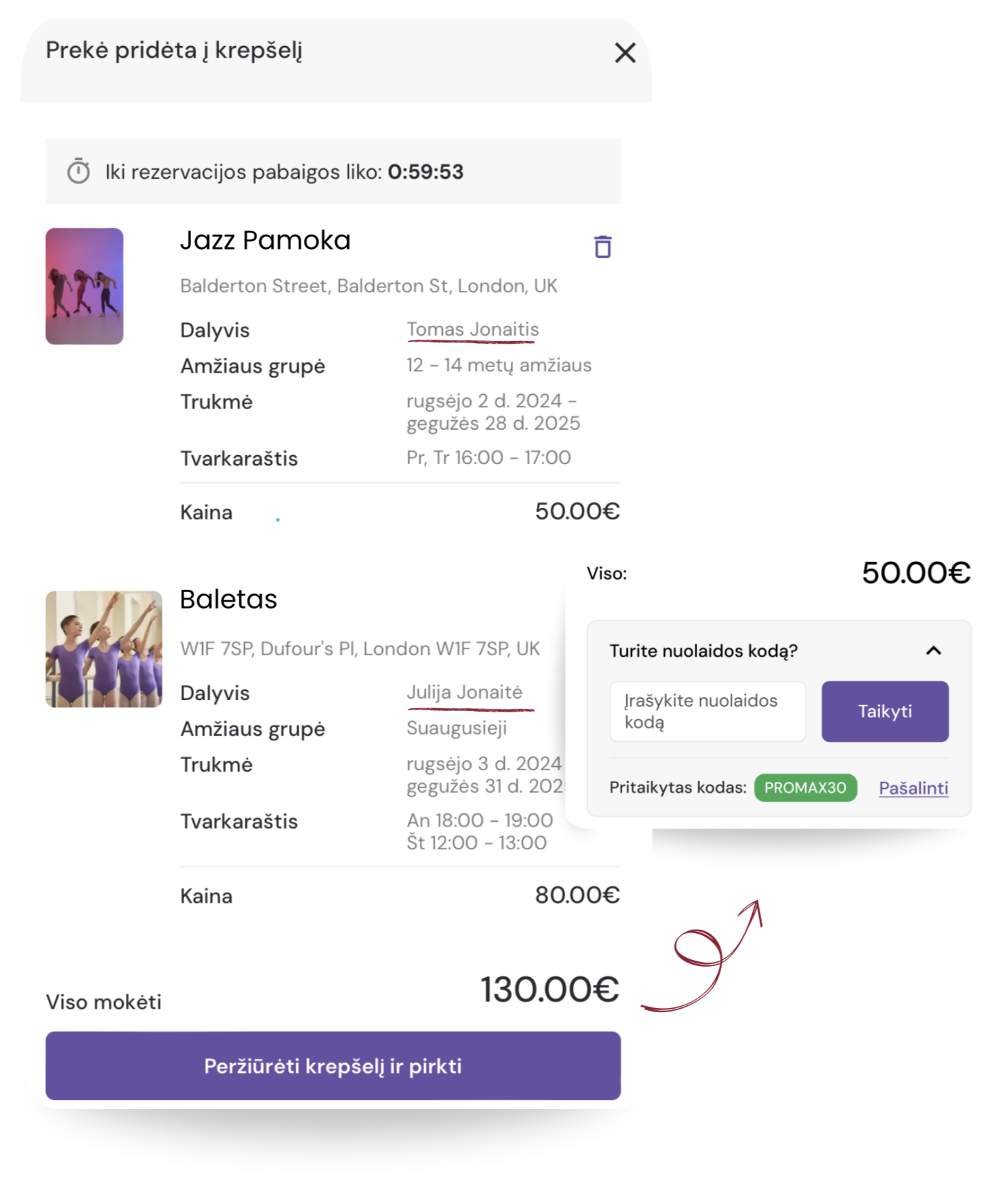 EXOCLASS būrelio administracinė sistema suteikia naujos kartos registracijos puslapį, kuris leidžia užregistruoti visą šeimą, pritaikyti nuolaidos kodus ir pasirinkti norimus mokėjimo planus kiekvienai lankomai grupei.
