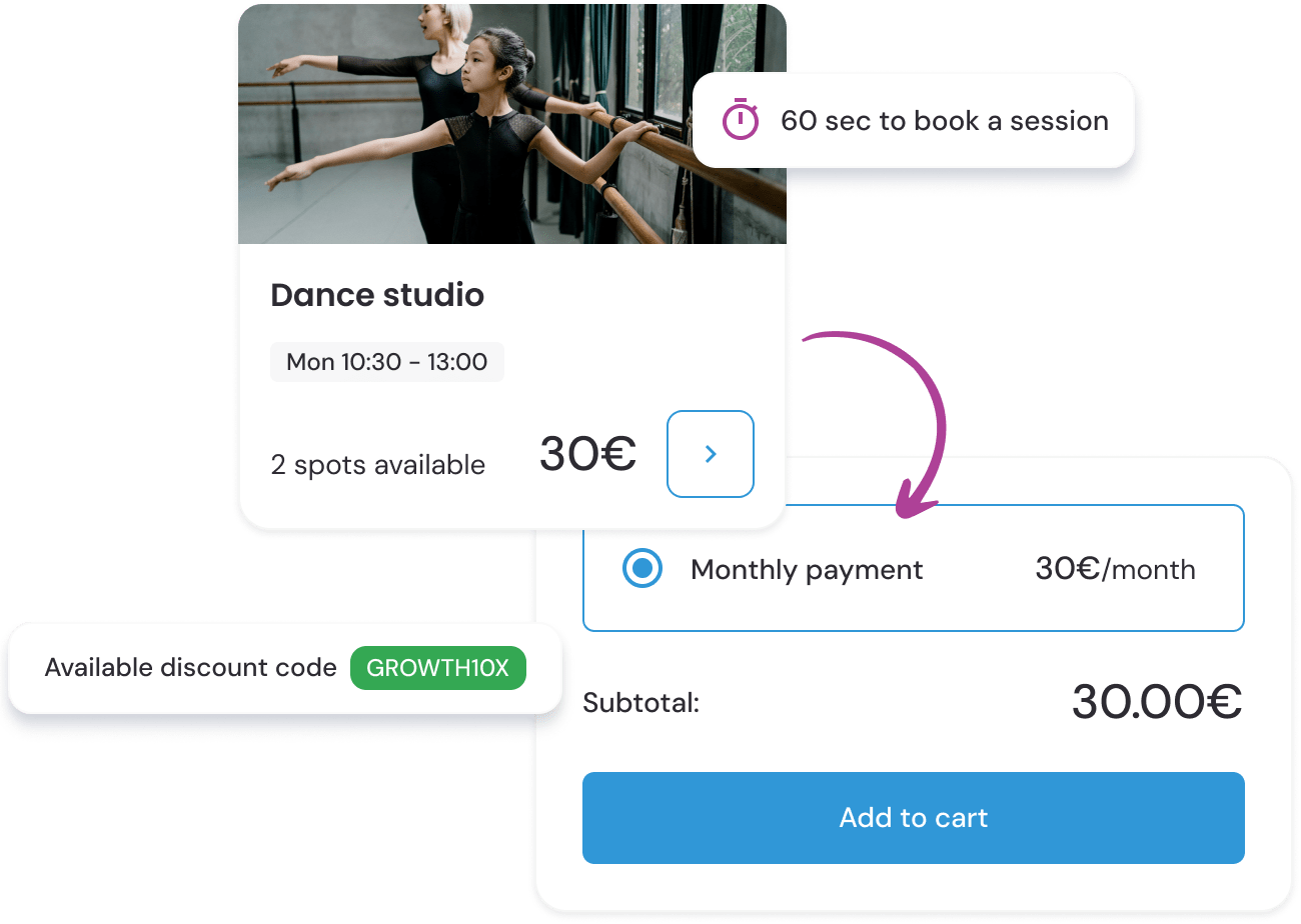 ExoClass interface displaying dance class registration and payment options, streamlined with professional dance studio software