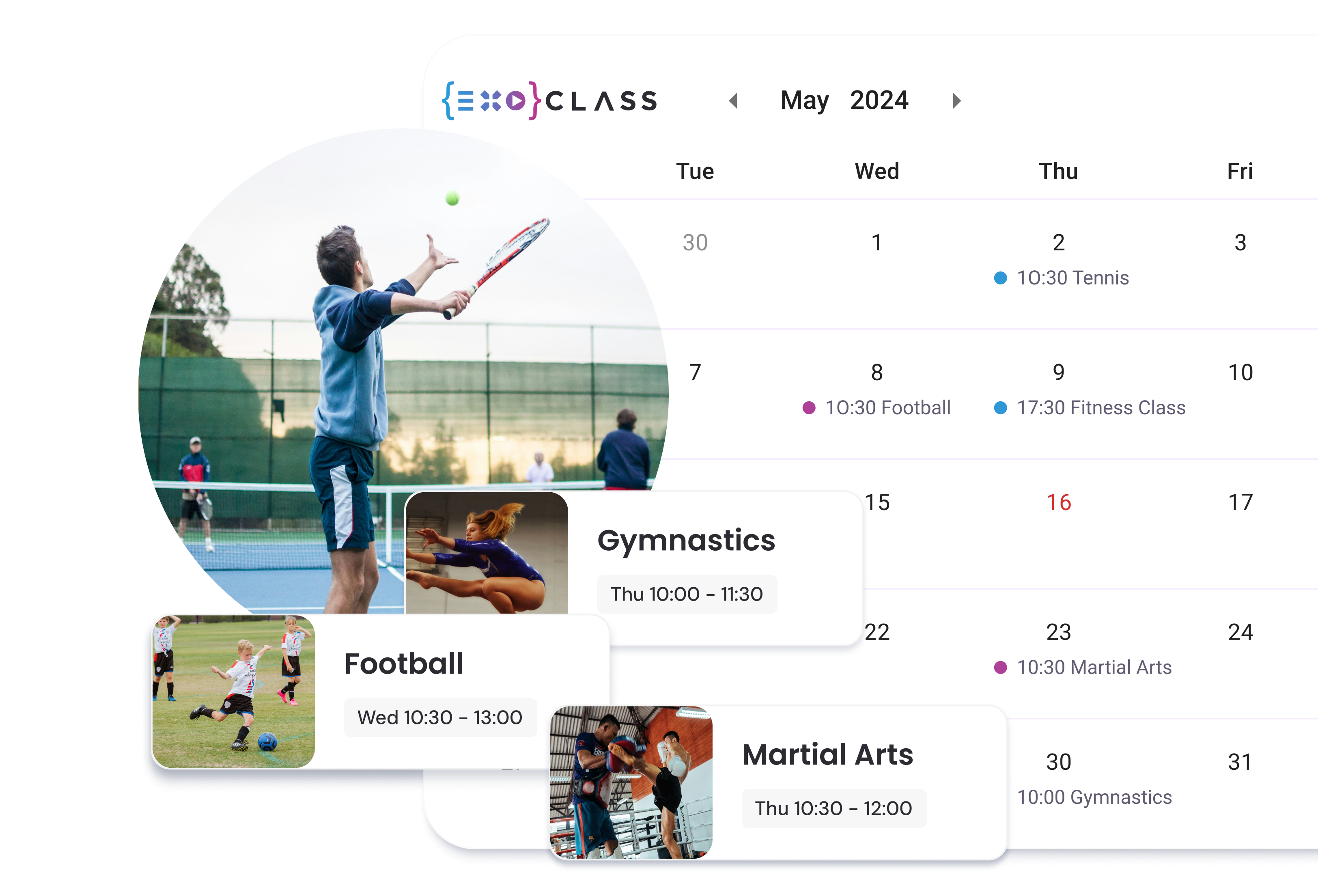 Exoclass Interface View Showcasing a Sports Booking System with Streamlined Scheduling for Tennis, Gymnastics, Martial Arts, and Football Classes