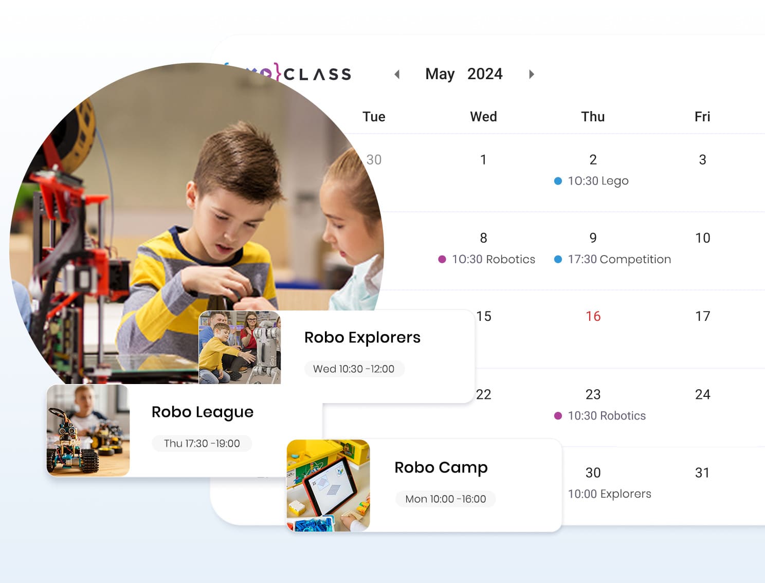 ExoClass timetable interface showcasing robotics registration system, managed through intuitive STEAM club software