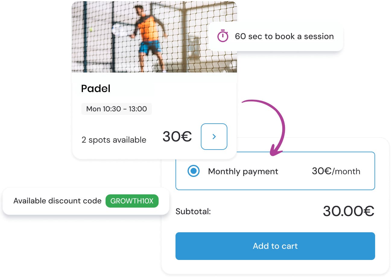 Padel class booking interface showcasing automatic payments, session availability, and discount codes using Exoclass sports registration software.