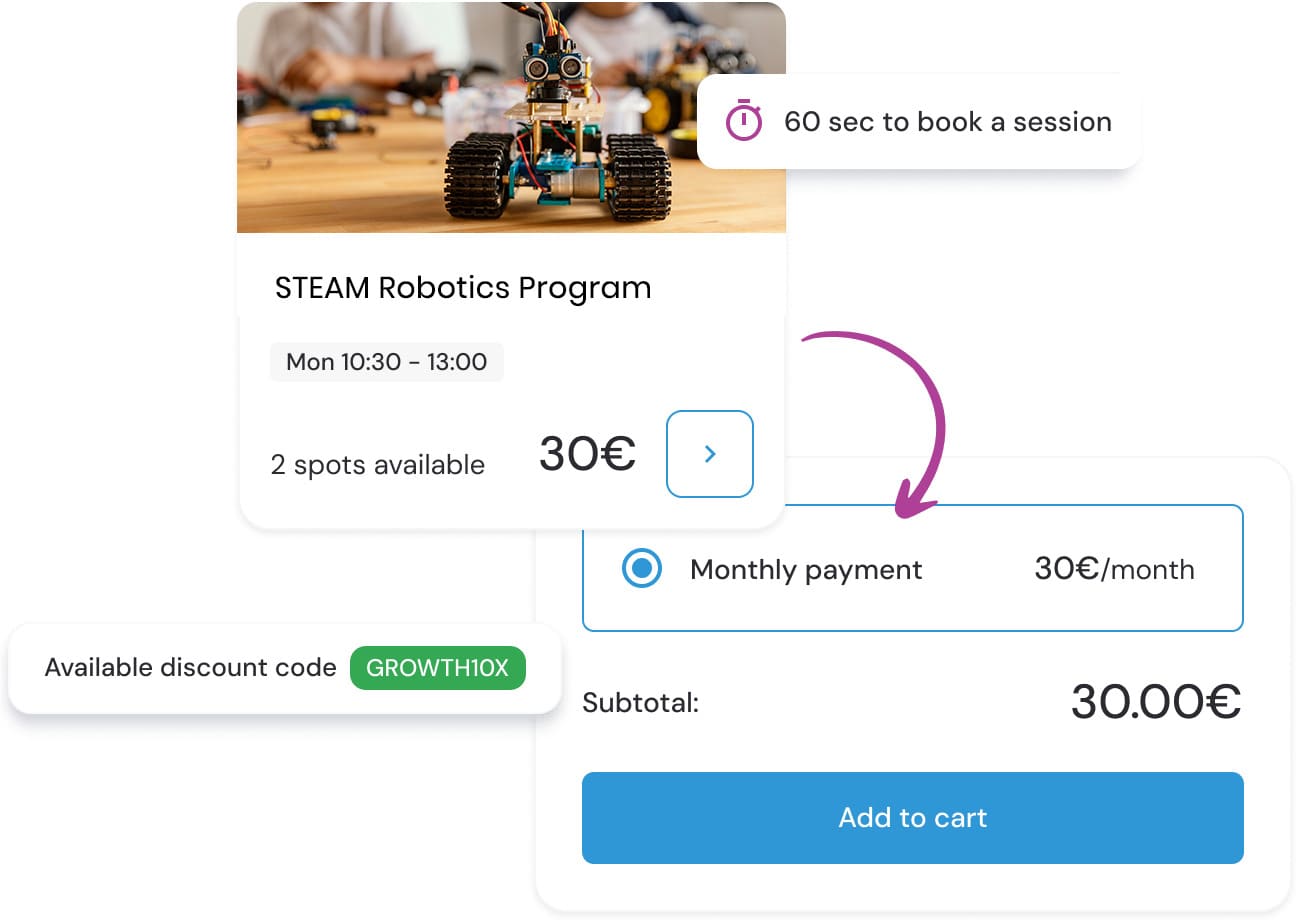 Exoclass STEAM club management software dashboard showcasing automated class scheduling, robotics club student enrollment, and payment processing features.