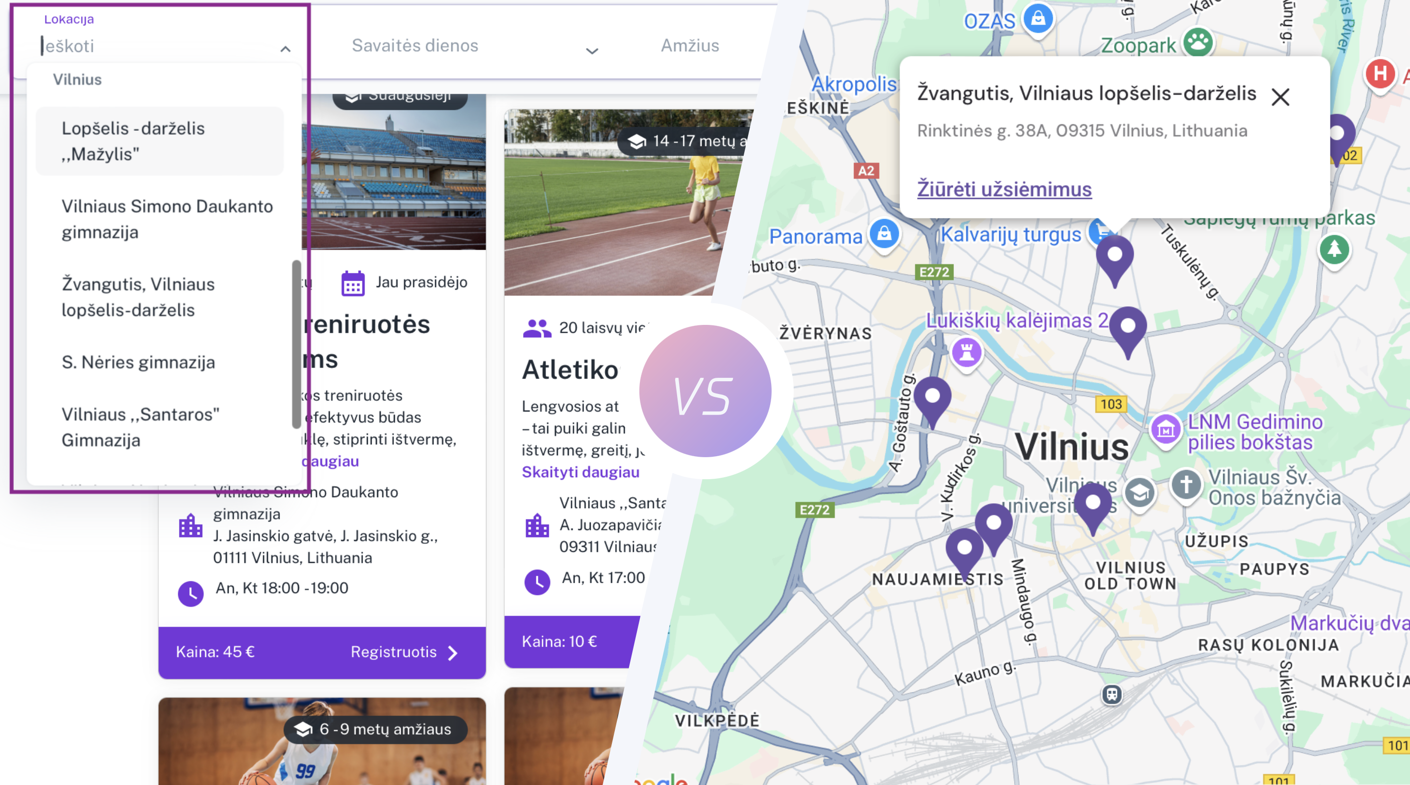 Būrelio registracijos sistema su interaktyviu žemėlapiu, rodančiu kelias grupių vietas pasirinkimui