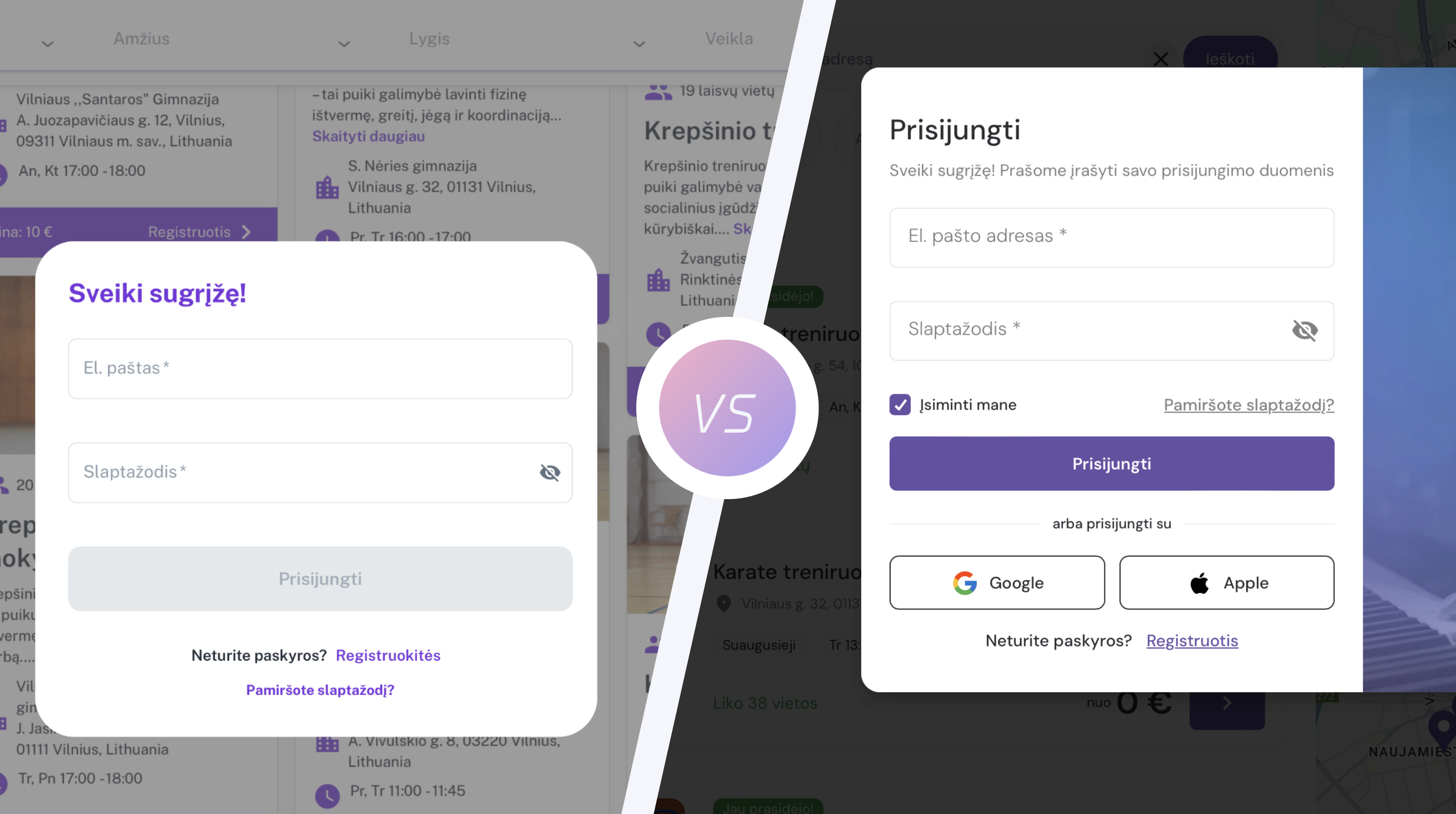 Būrelių registracijos sistema su Google ir Apple prisijungimais greitesnei prieigai