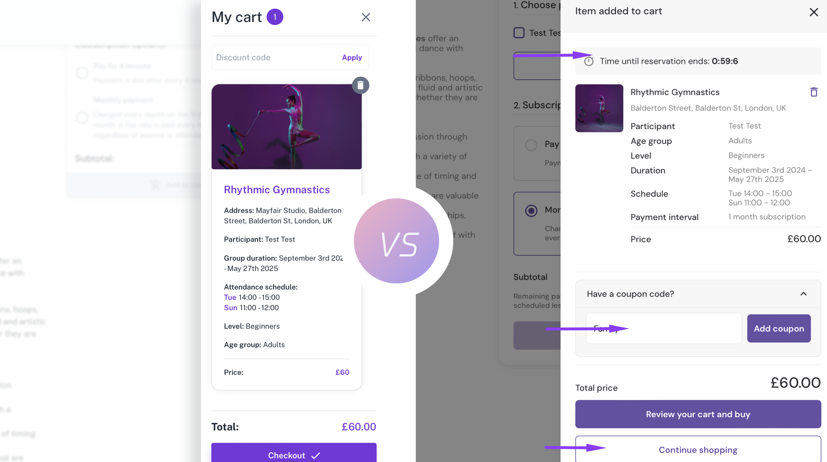 Class booking system cart with discount code field and group reservation timer