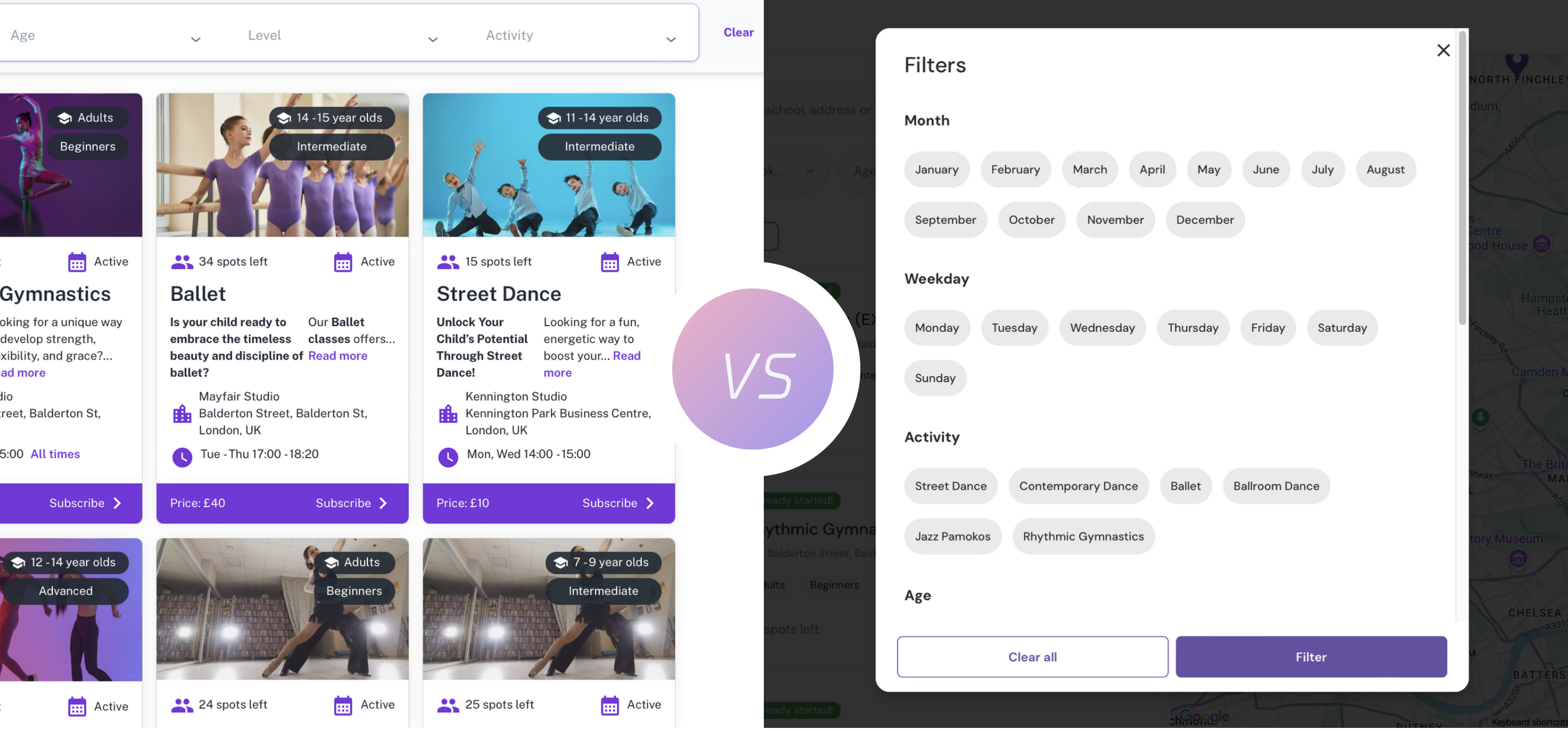 Advanced filters in class scheduling software with shareable links for activity types