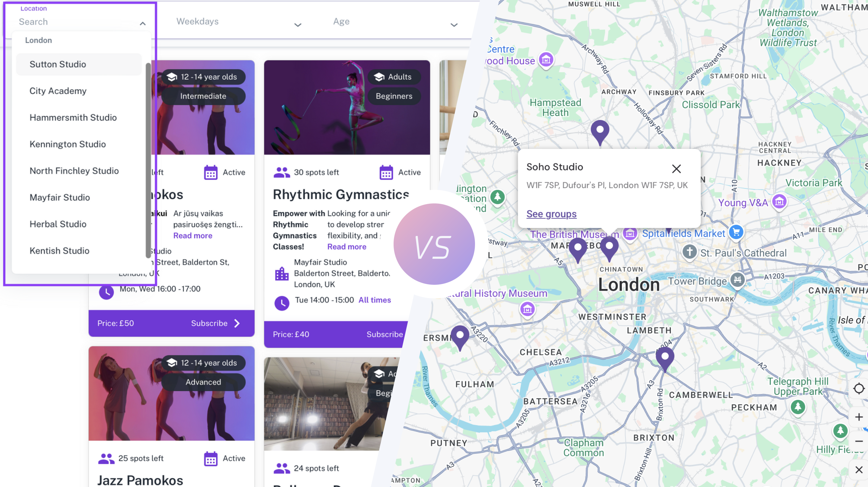 Club registration system with interactive map showing multiple locations for class selection.