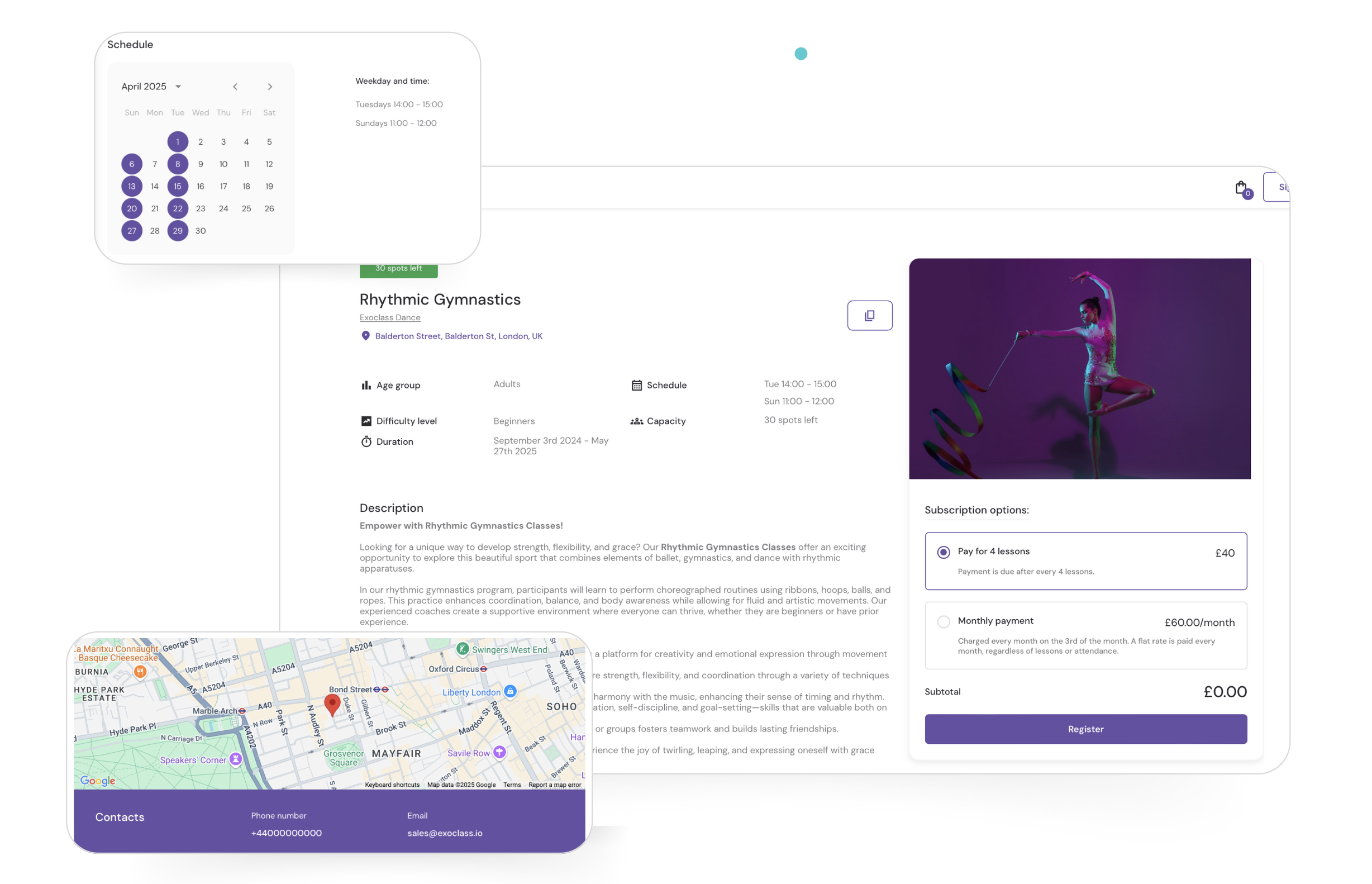 Group page layout in class scheduling software with map, calendar, and fee settings.