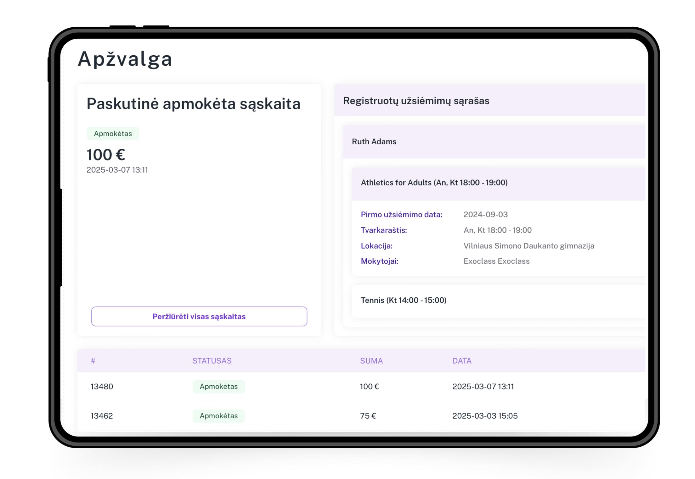 Exoclass kliento paskyra: patogus būrelio informacijos ir sąskaitų peržiūros portalas