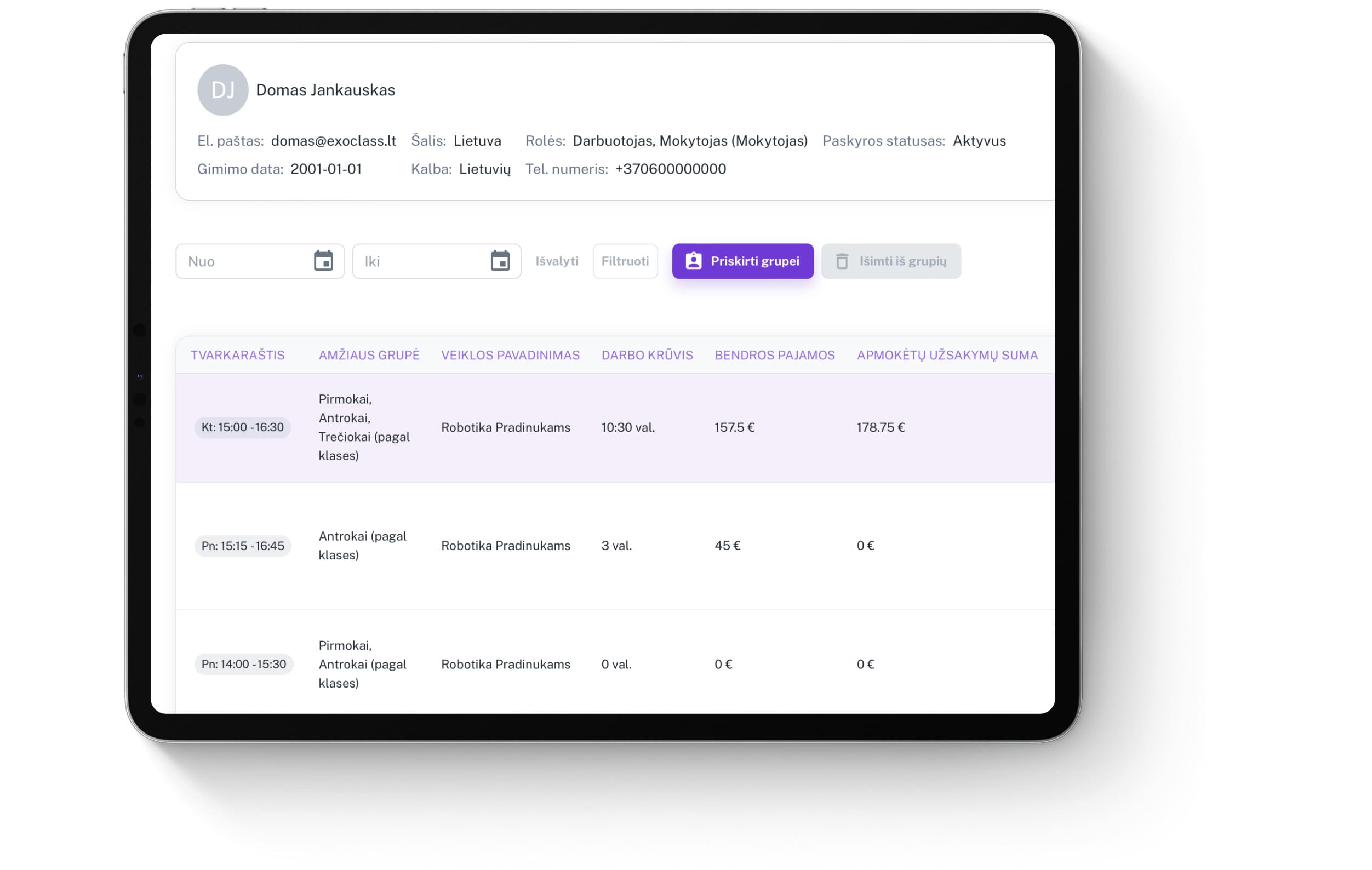 Exoclass administratoriaus paskyra – visos būrelio valdymo funkcijos vienoje vietoje: sąskaitos, nuolaidos, registracijos, NVŠ finansavimas, trenerių darbo apskaita.