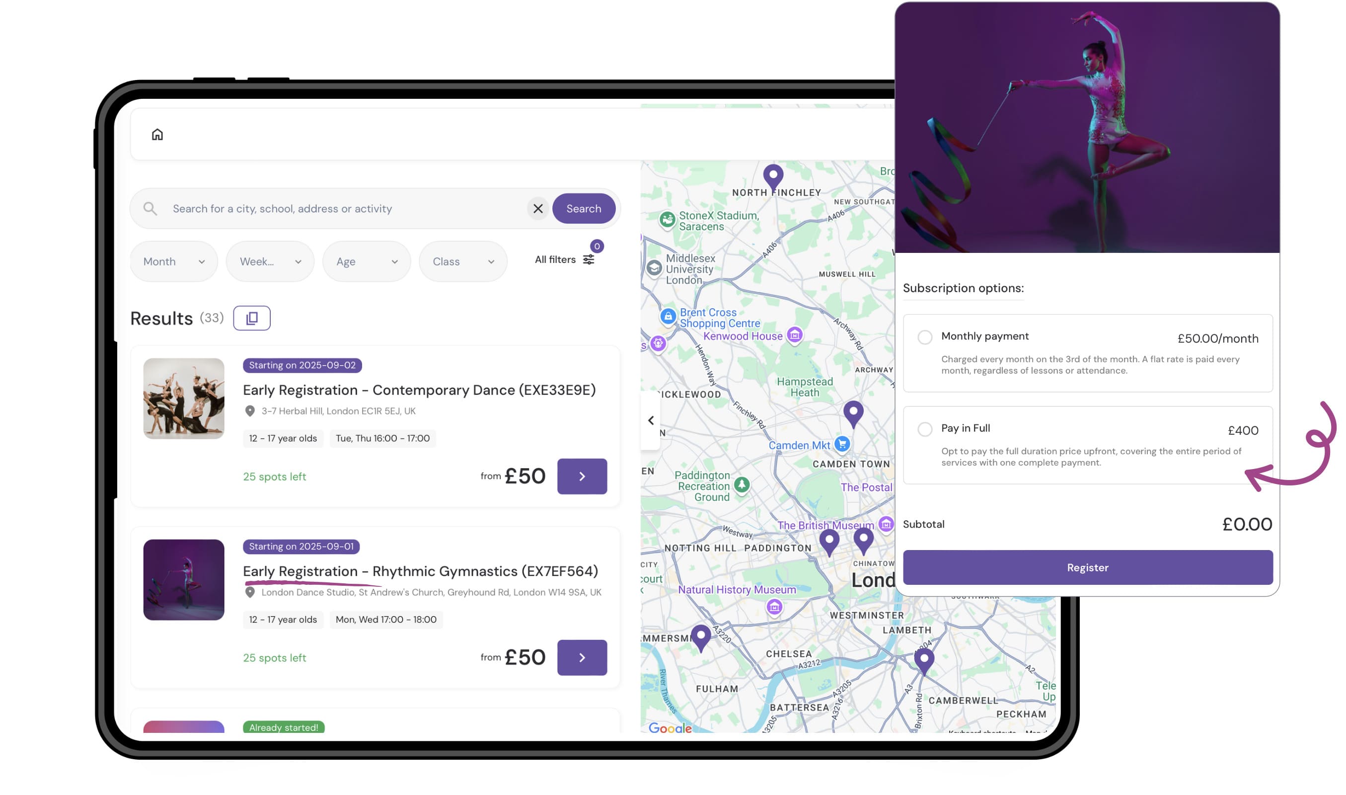 An after-school club system, Exoclass, featuring a class booking page with multiple membership options and instant payment capabilities.