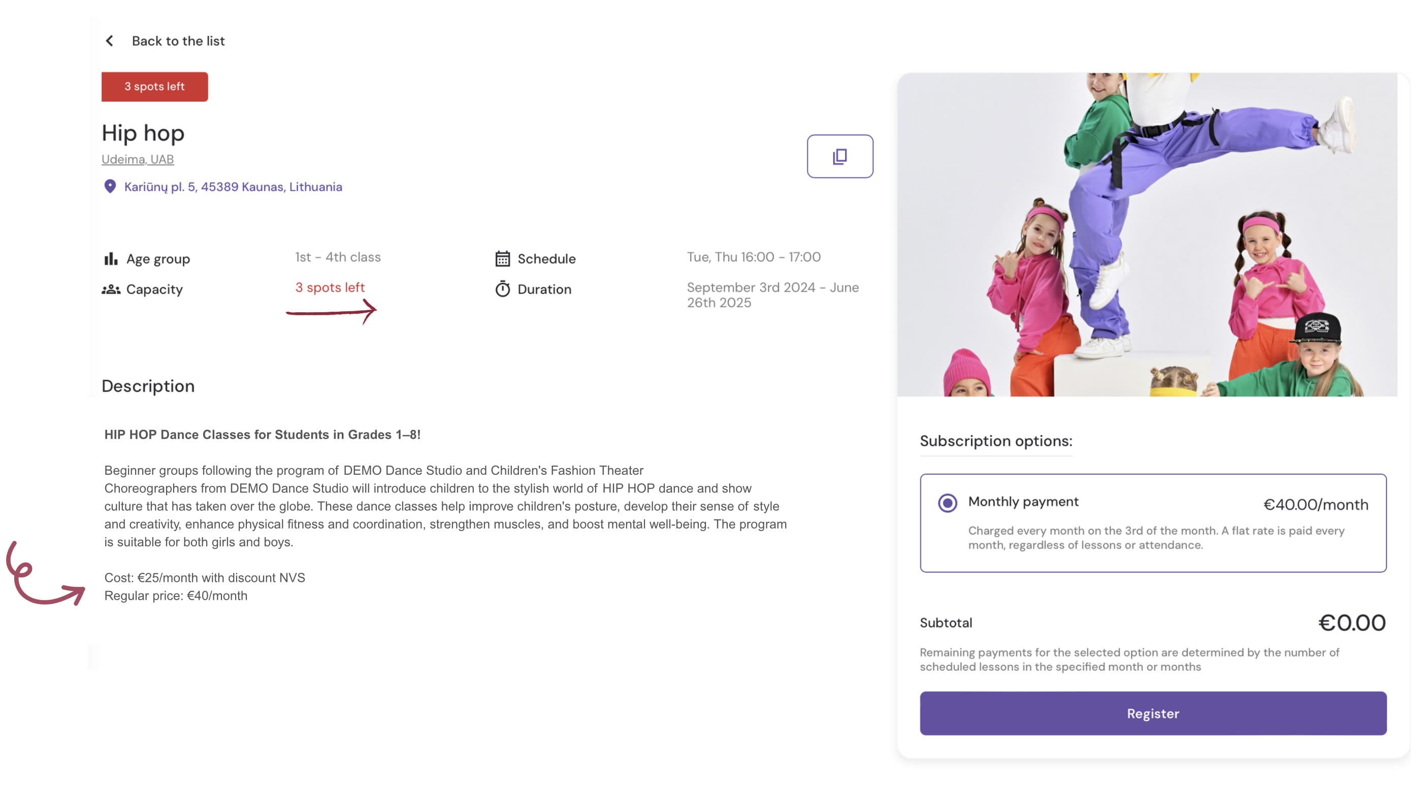 Demo Dance's inner page of the dance booking system displays full class details, available tuition payment methods, and any additional discounts.
