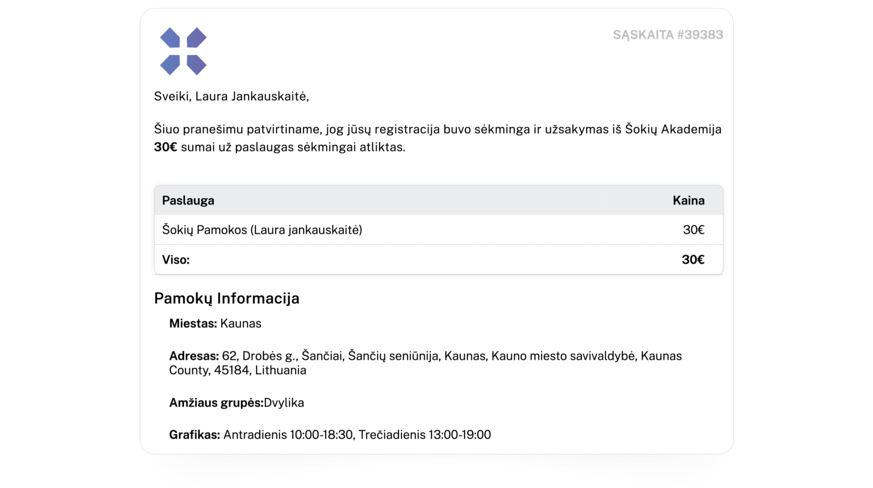 Exoclass automatinė komunikacija - patvirtinimo pranešimas klientui po sėkmingos būrelio registracijos
