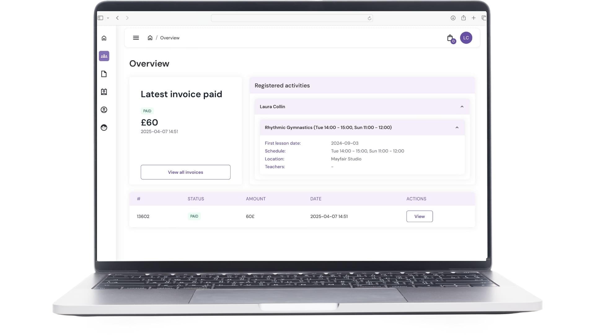 Exoclass client portal displaying tuition payment options, attendance tracking, and centralized student management for after-school clubs.