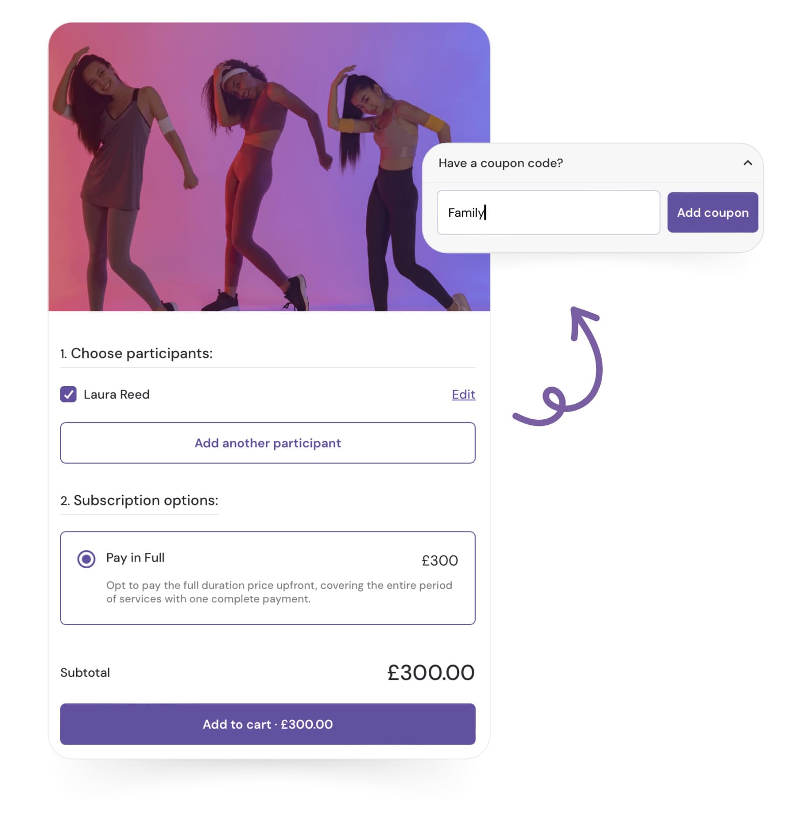 Flexible Club Payments with Exoclass: Apply discounts and offer additional product purchases—all in one place.