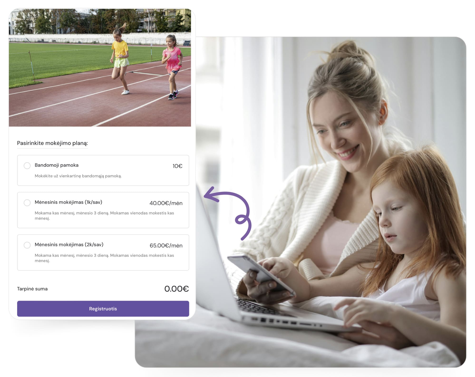 Tėvas užregistruoja vaiką į gimnastikos pamokas internetu, naudodamas mobiliąją įrangą.