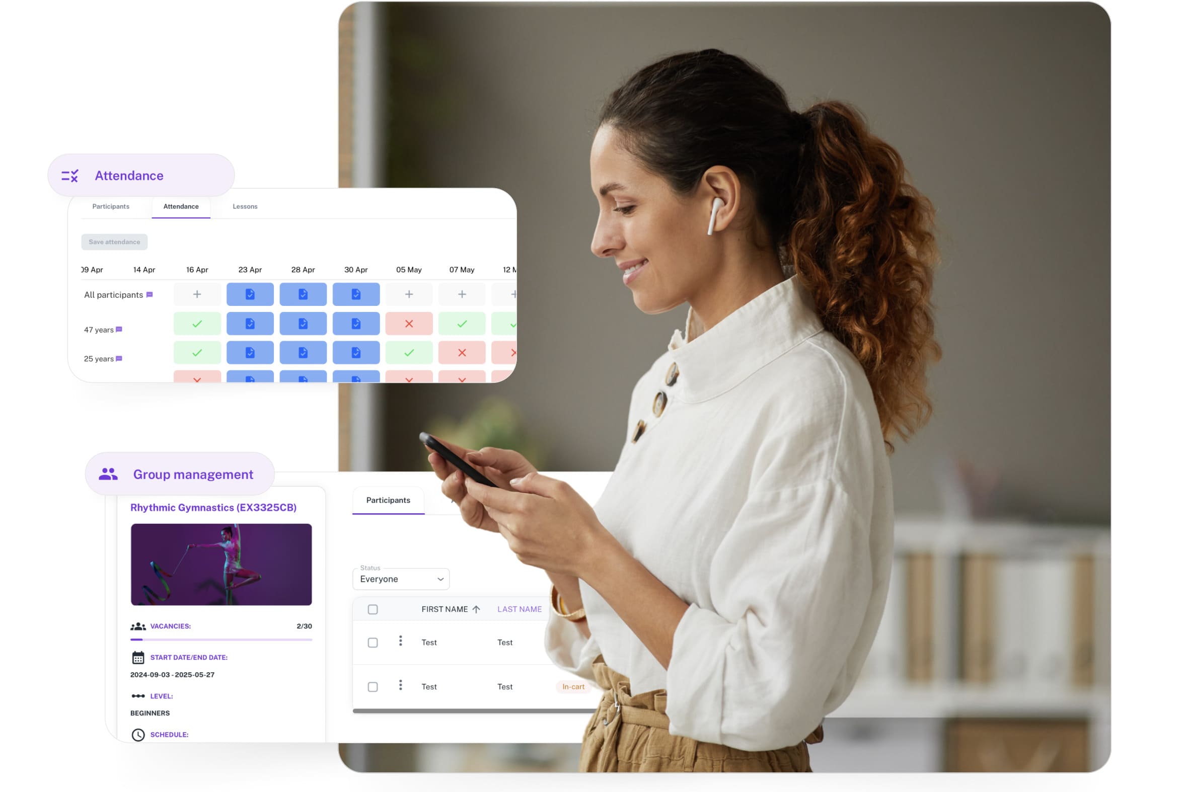 Gymnastics coach management with admin software that allows marking student attendance, reviewing permissions, and managing new registrations