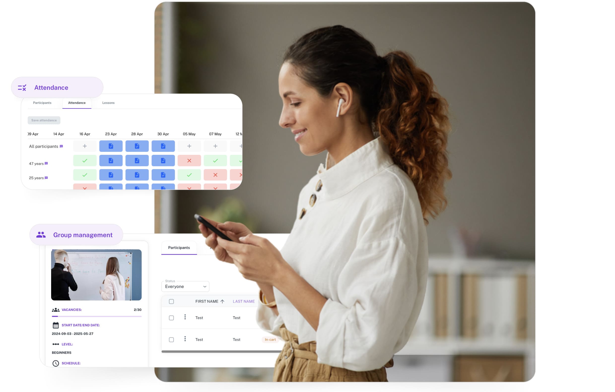 Exoclass’s teacher functionalities ensure efficient student management, including attendance tracking, new registration notifications, and group lists.