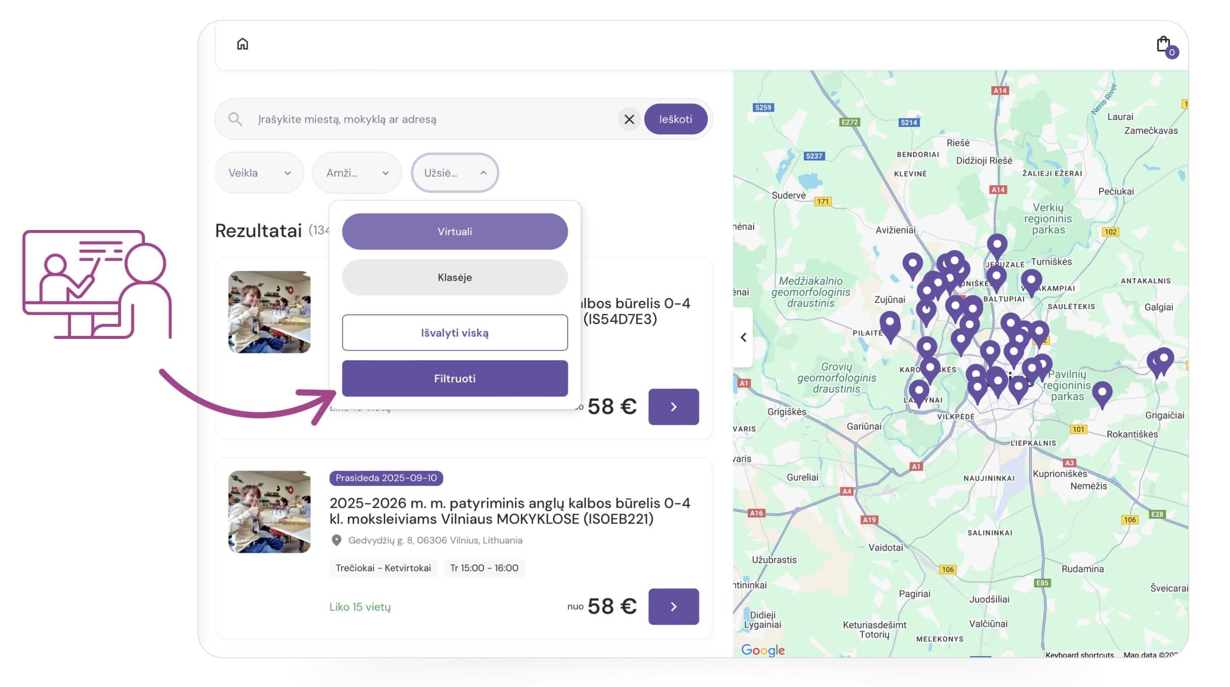 Kalbų mokyklos registracinė sistema, leidžianti vartotojams pasiūlyti nuotolines ir tiesiogines pamokas, pasirinkti geriausią vietą ir rasti tinkamą grupę pagal įvairius studentų poreikius.