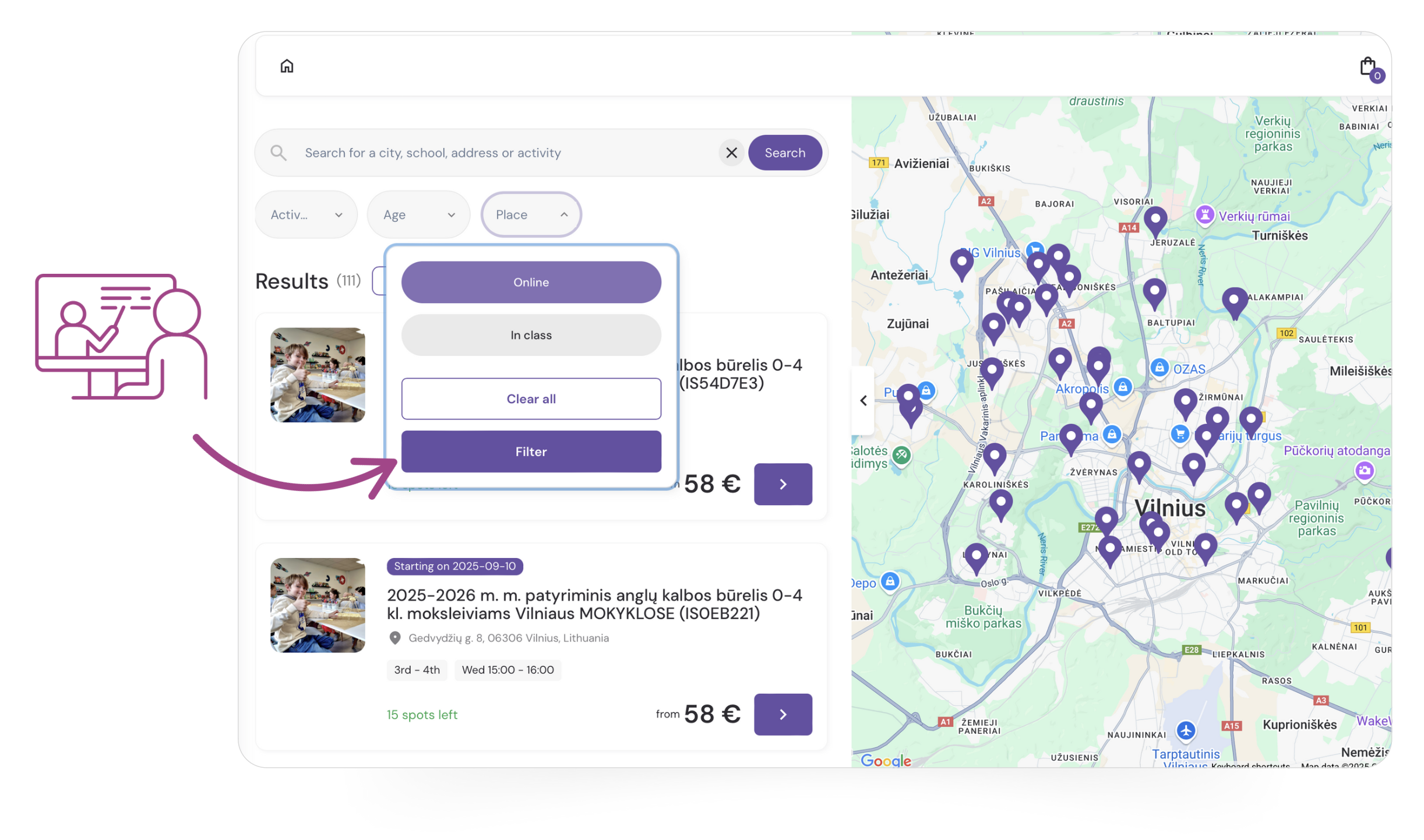Language class scheduling software that allows users to display online and in-person classes, choose the best location, and find the right group for various student needs.
