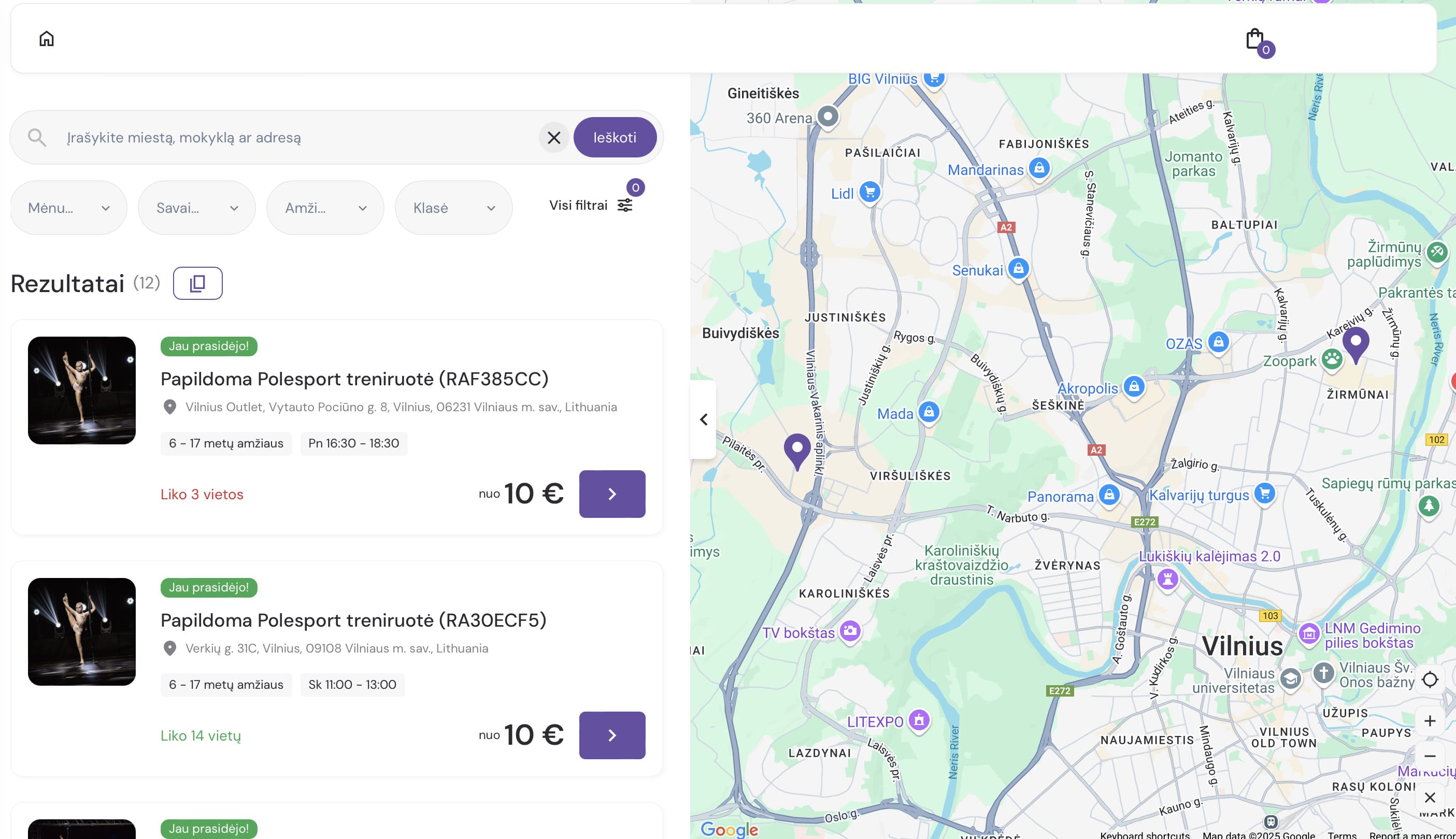 RAI akademijos registracijos puslapio išdėstymas – šokių būrelio sistema rodo prieinamas grupes, generuoja vietovių žemėlapį ir organizuoja pamokas pagal lygius.
