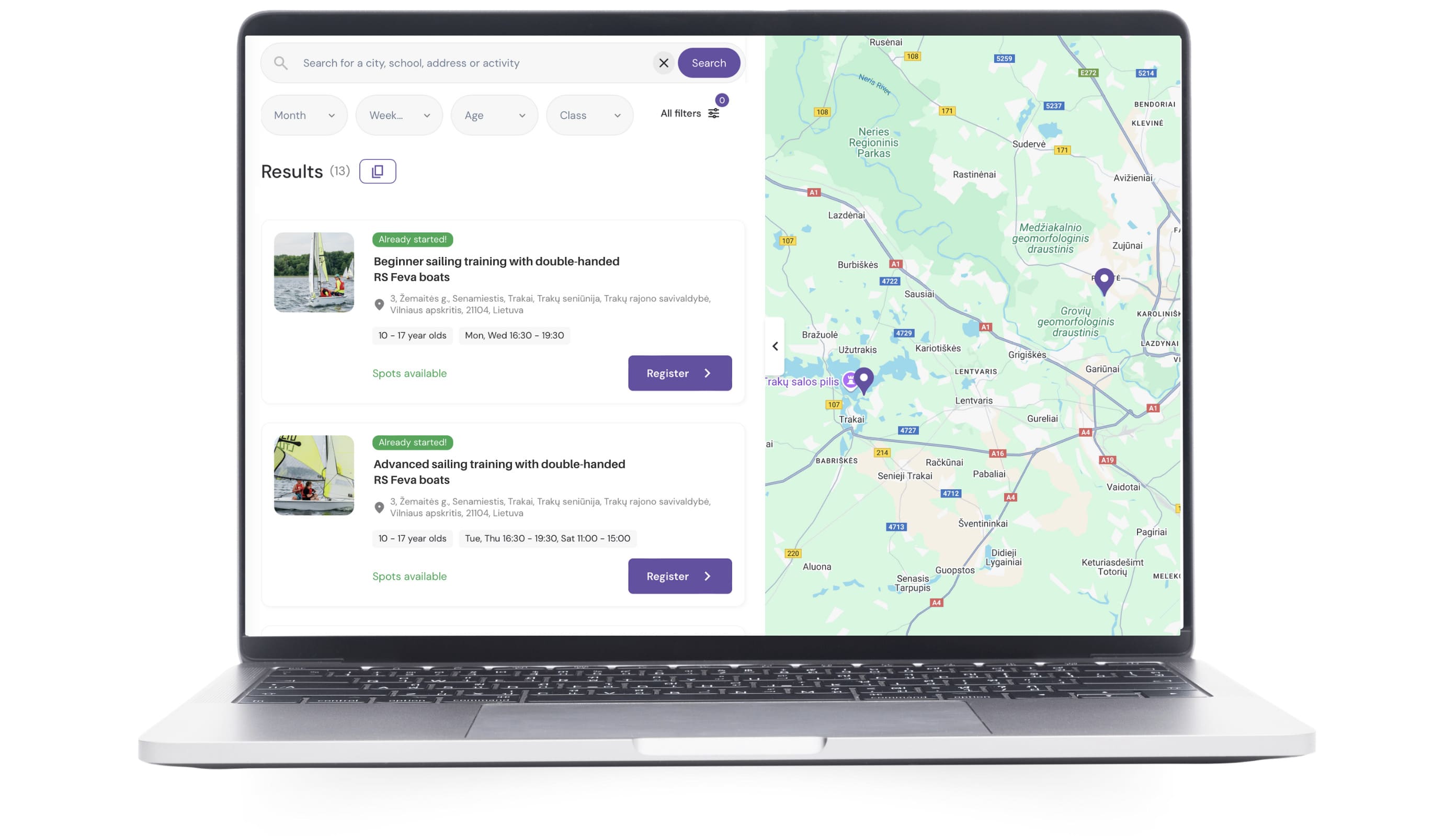Sailing club booking system – manage different class levels, multiple academy locations, and student preferences.