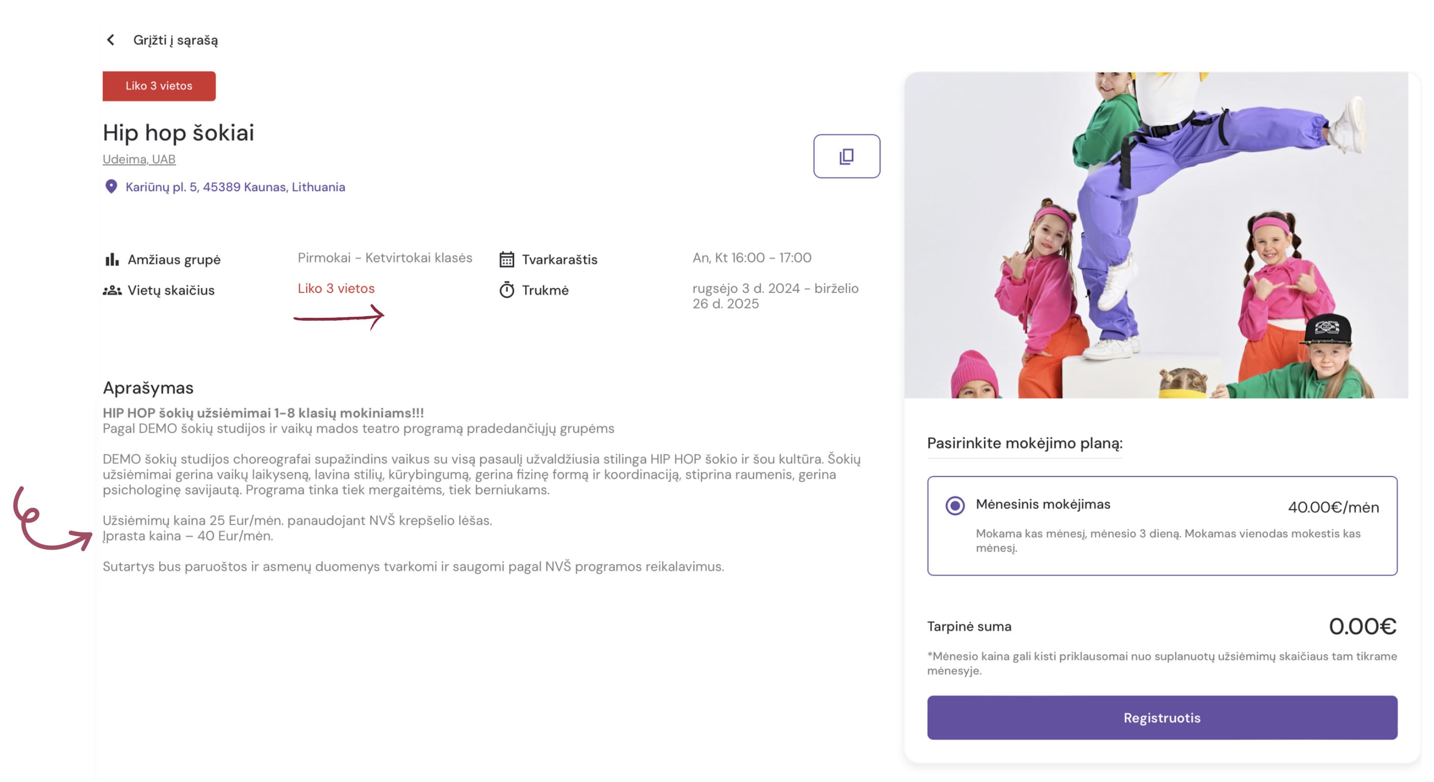 Demo Dance vidinis puslapis būrelio sąskaitų apmokėjimo sistemoje rodo išsamią pamokų informaciją, prieinamus mokėjimo būdus ir papildomas nuolaidas.