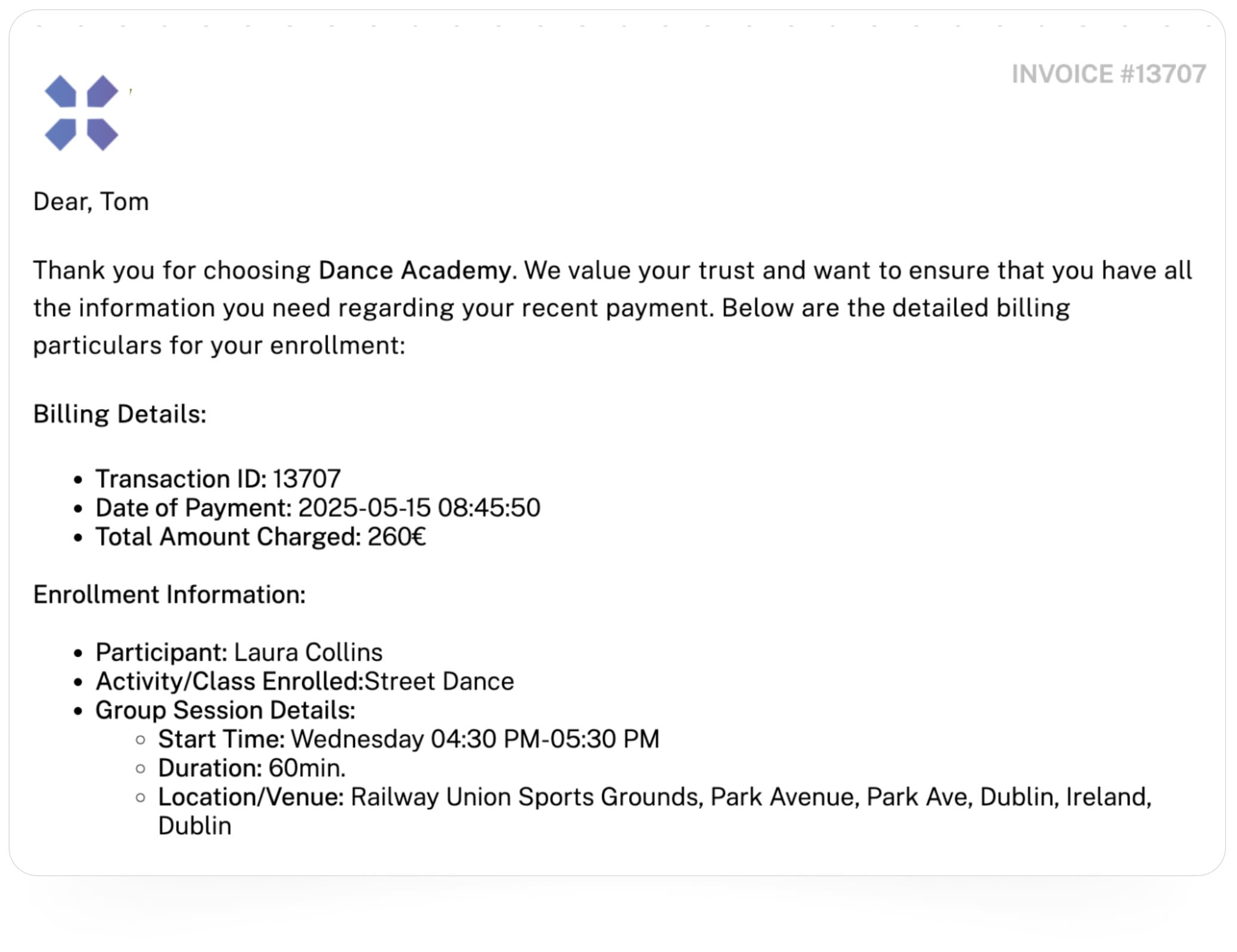 Exoclass automated club communication – confirmation message sent to the client after successful class booking .