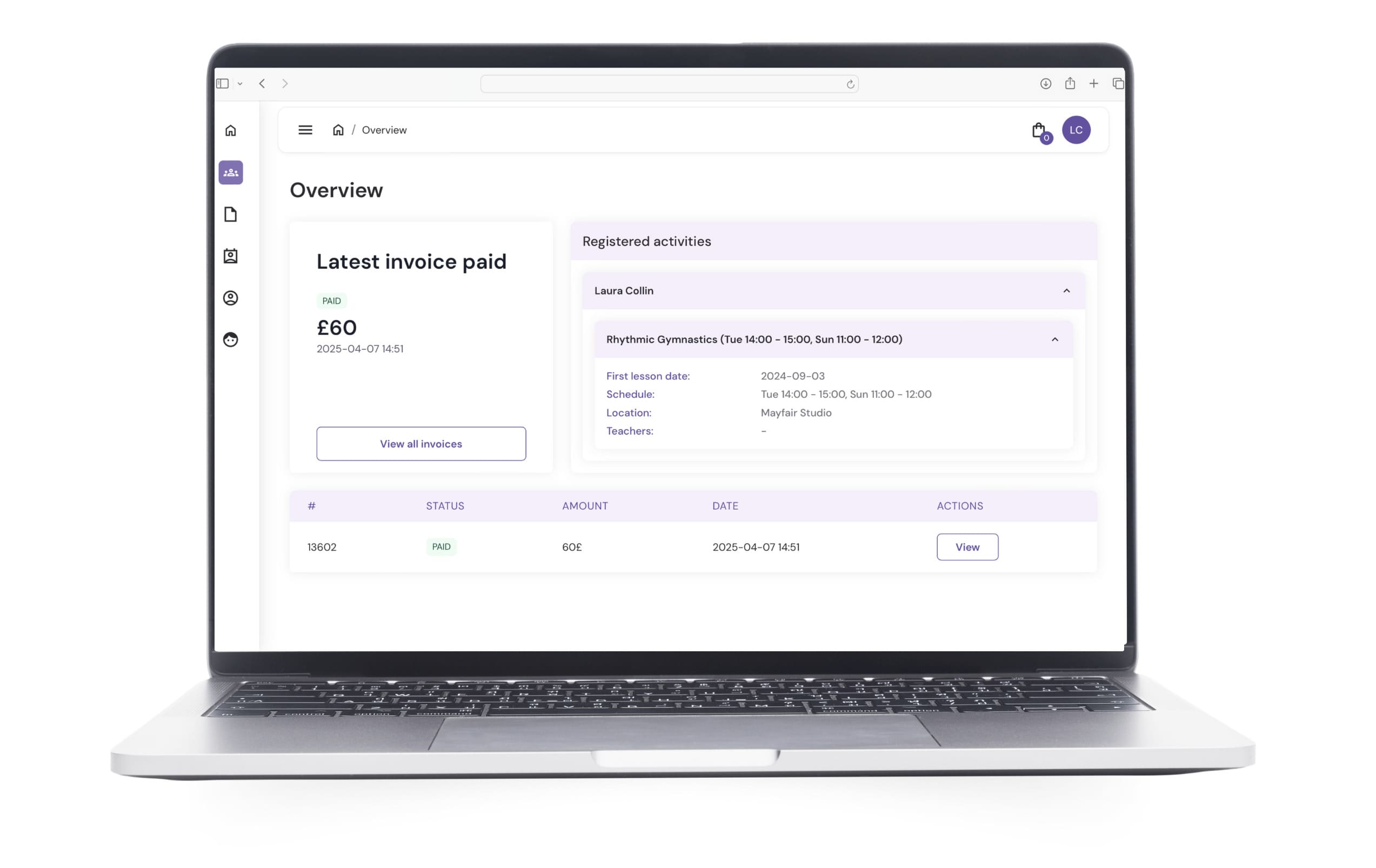 EXOCLASS studio software client portal view – students and families can access tuition billing history, upcoming payments, and complete tuition payments online.