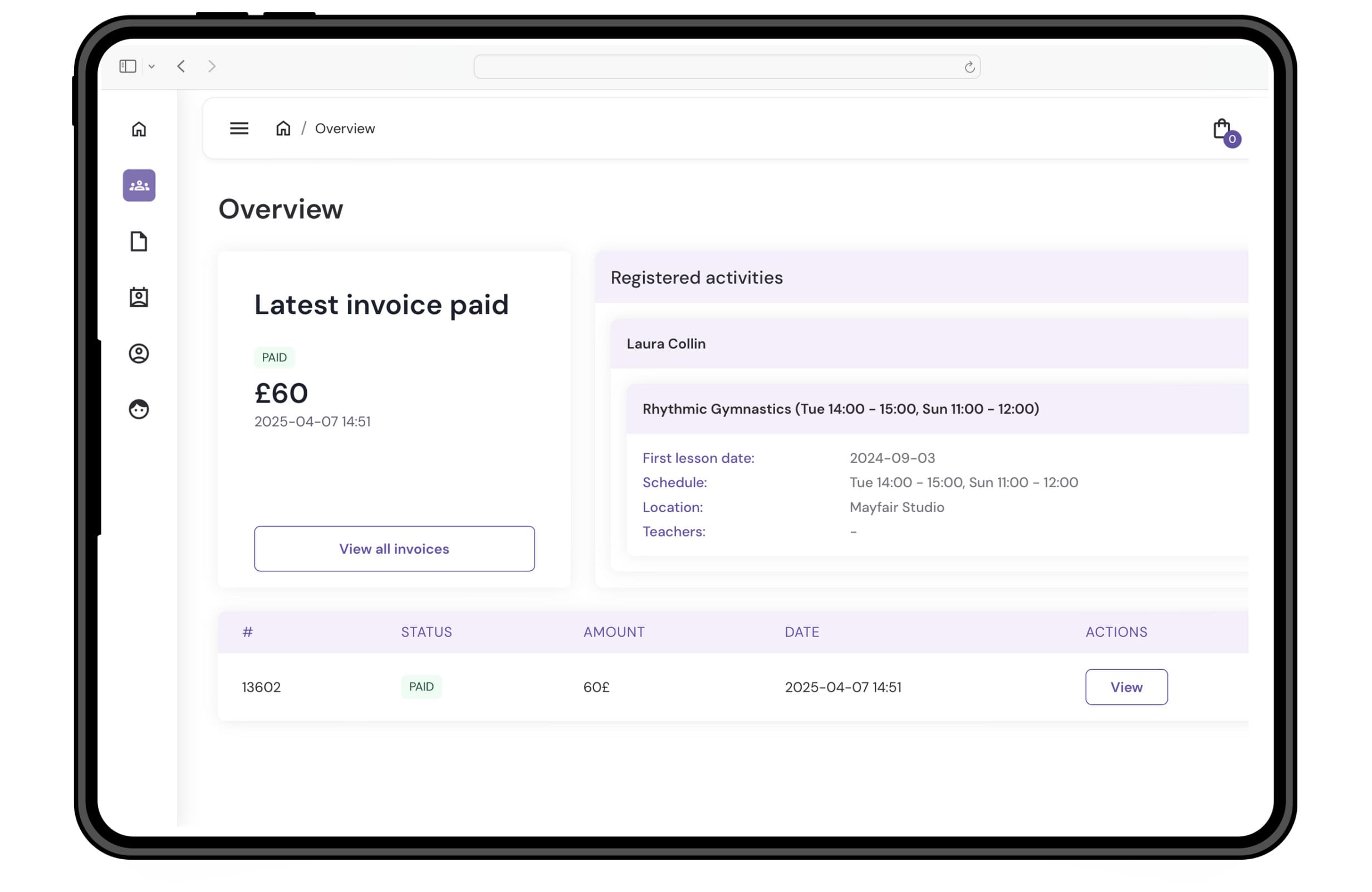 Exoclass client account: a convenient portal for viewing club information and invoices.