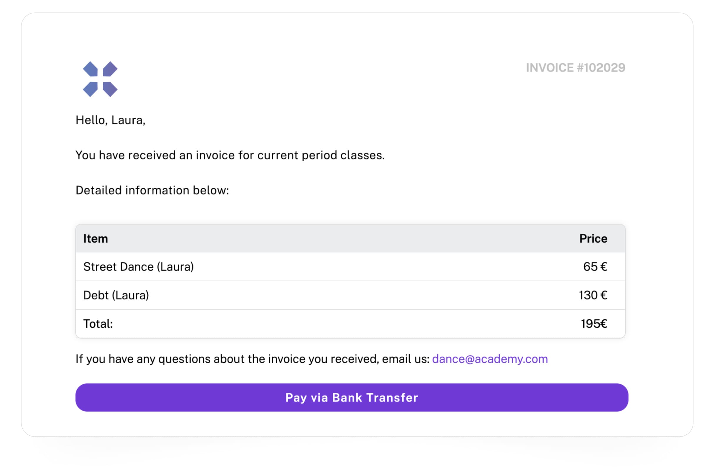 Automated studio payment emails with Exoclass – club invoices are sent automatically, with no effort required from you.