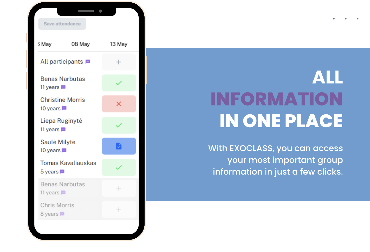 Club admin software that makes student management easy by keeping all necessary information in one place, including group details, invoice history, scheduled tuition billing, and attendance