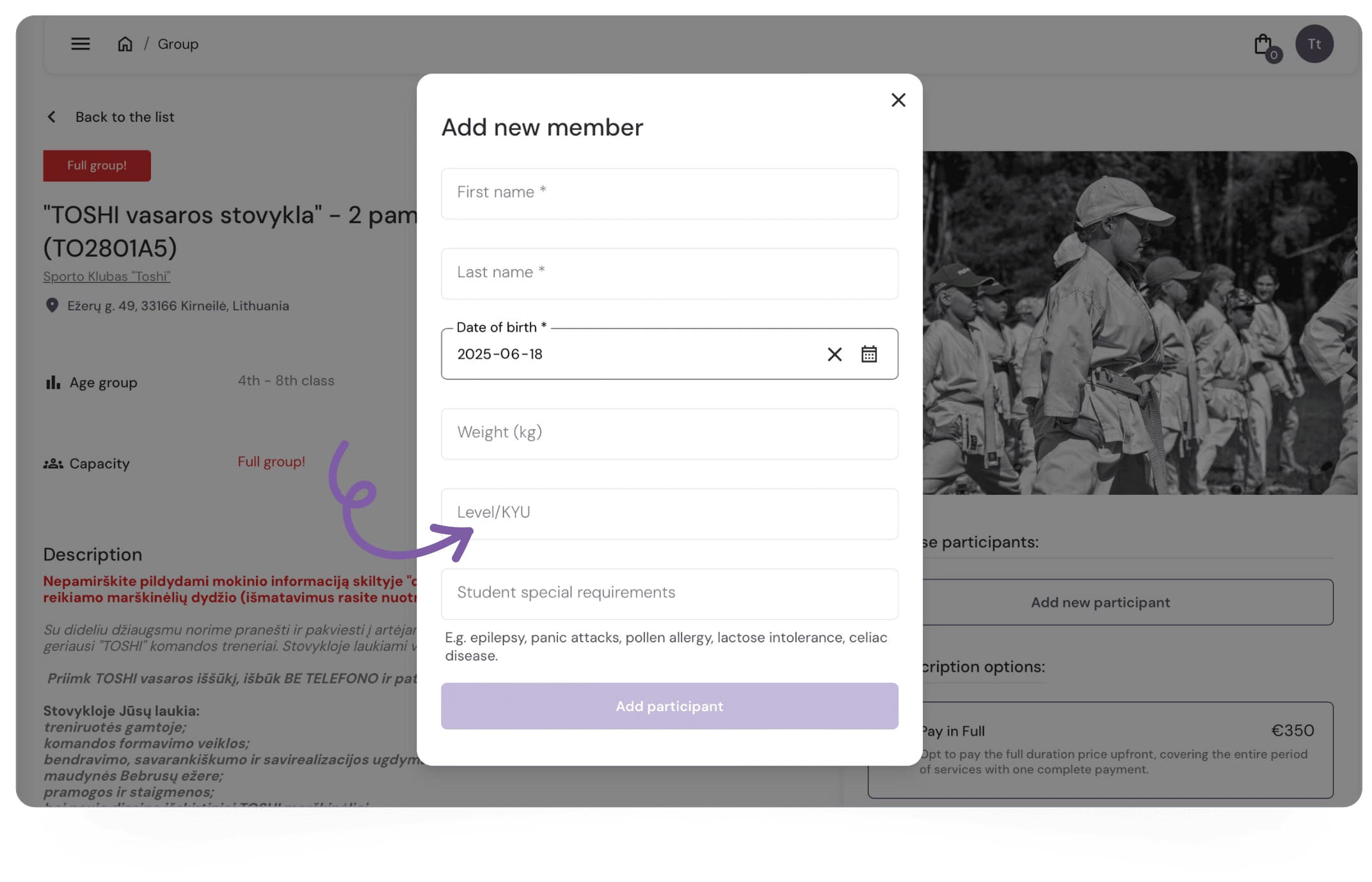 Exoclass studio registration page for academy, showing self-service student registration with kyu level, weight category, and full camp payment.