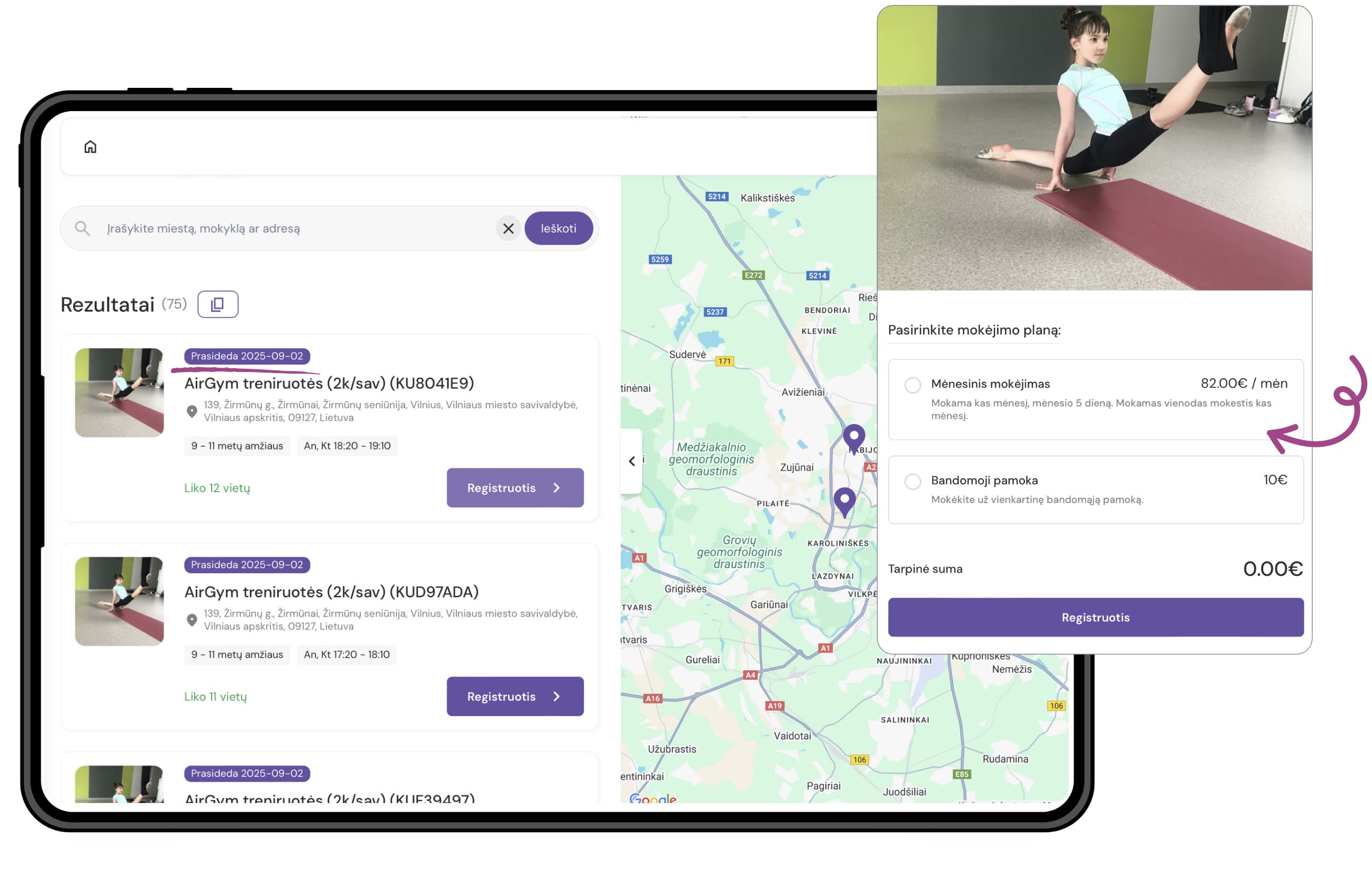 Švietimo organizacija naudojanti Exoclass mokinių registracijos puslapį, kad supaprastintų registraciją, mokėjimus ir mokinių valdymą gimnastikos mokykloje.