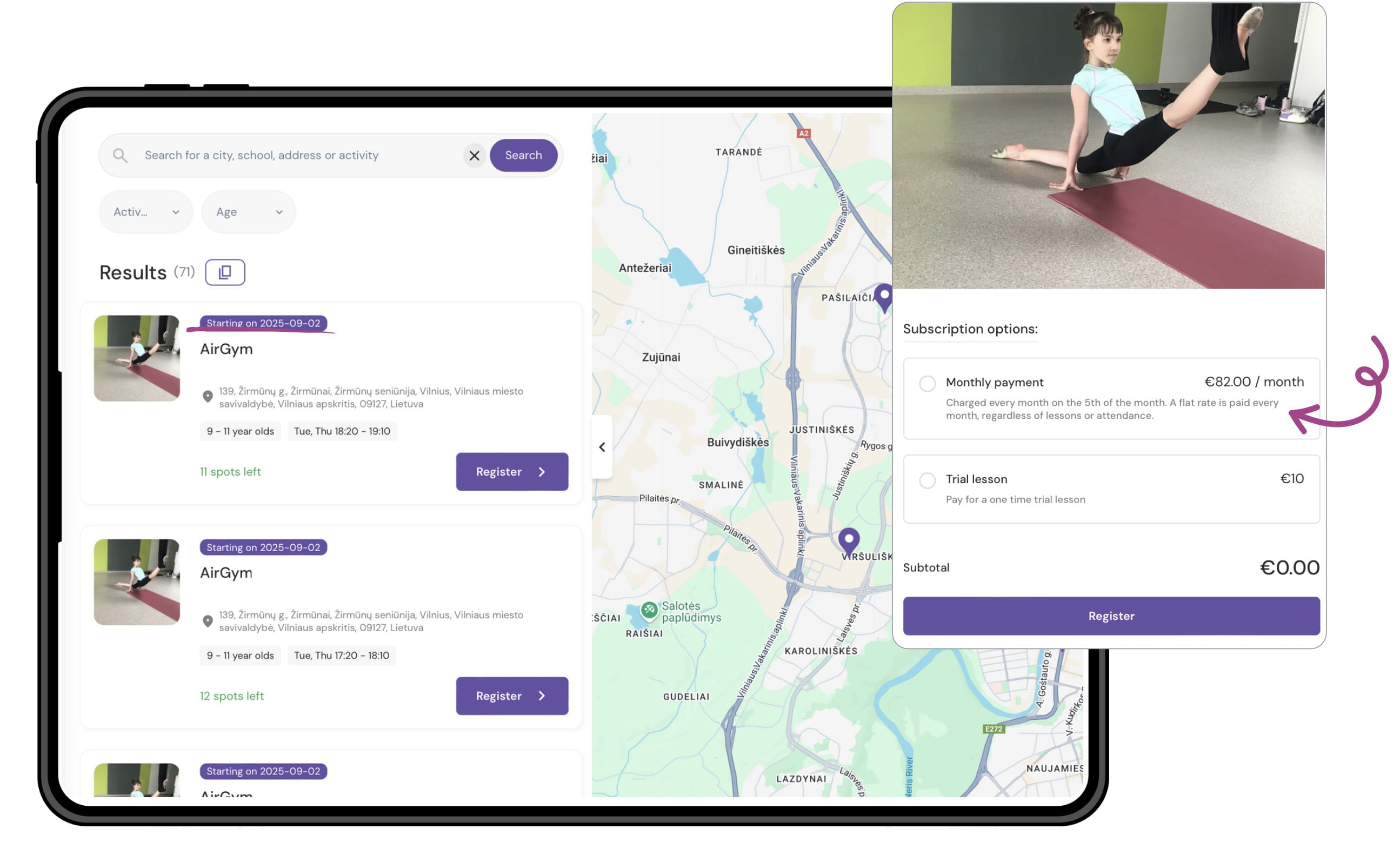 Online student registration page from an after-school club using Exoclass studio software to streamline enrollment for gymnastics classes