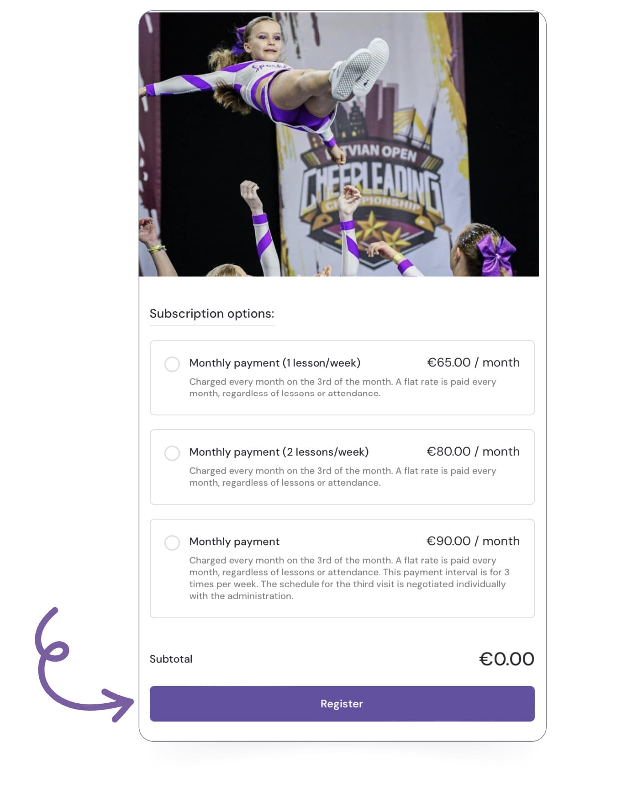 Exoclass Sport class booking page showcasing different student membership options, which can be paid instantly and billed automatically for upcoming periods.