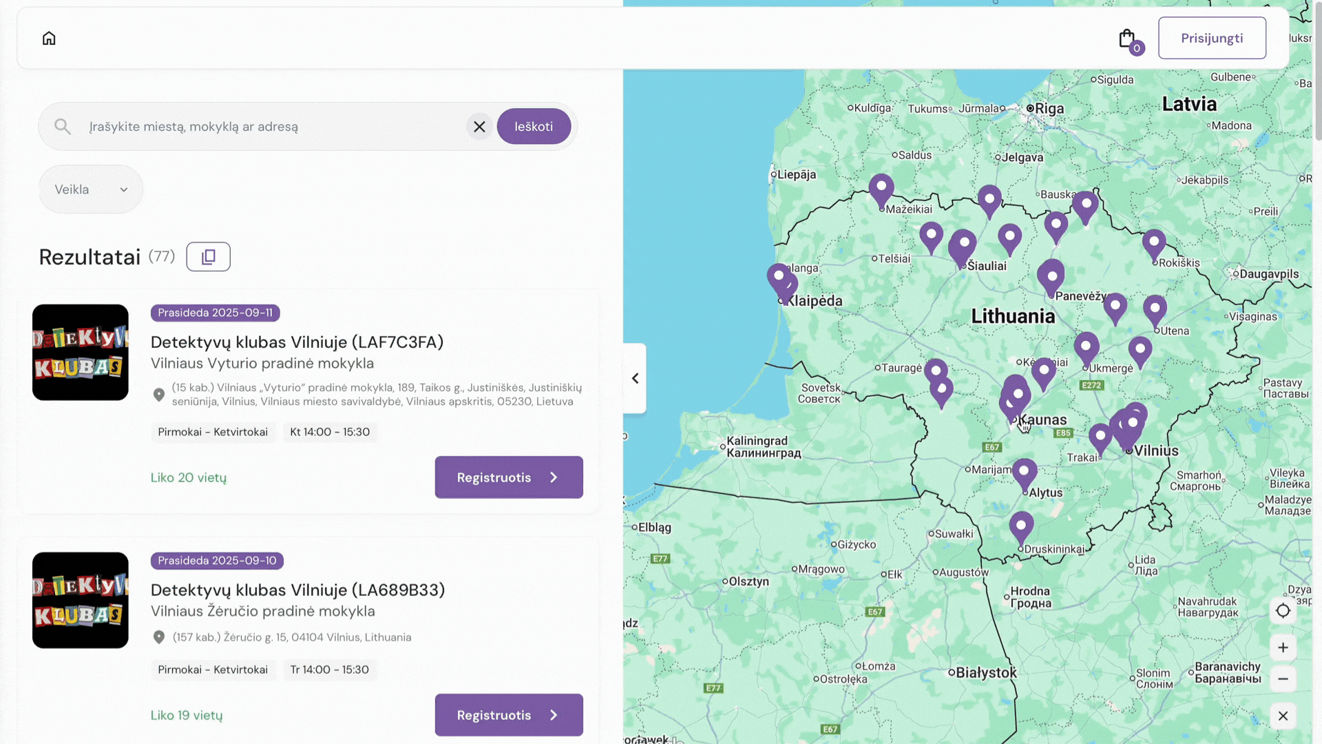 EXOCLASS registracijos filtrai pagal mokyklą, amžių ir laiką, palengvinantys būrelių valdymą ir mokinių registraciją.