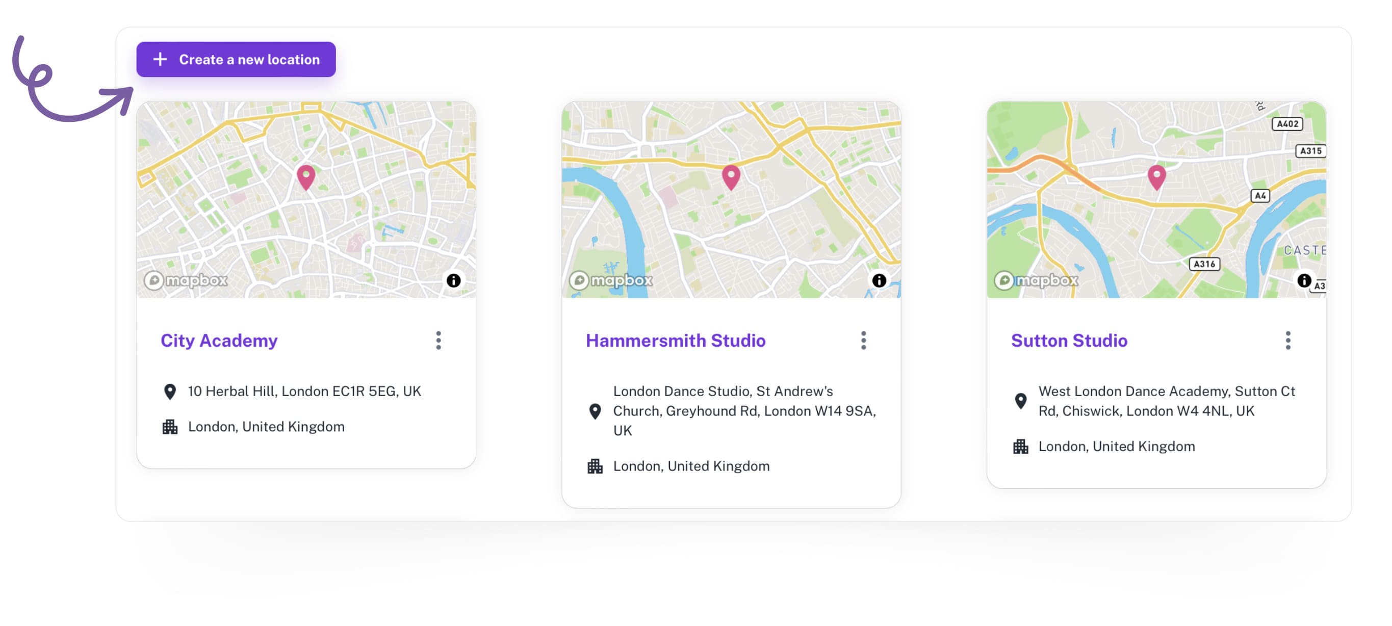 The EXOCLASS system screen allows you to create and manage locations for collecting after-school club registrations.