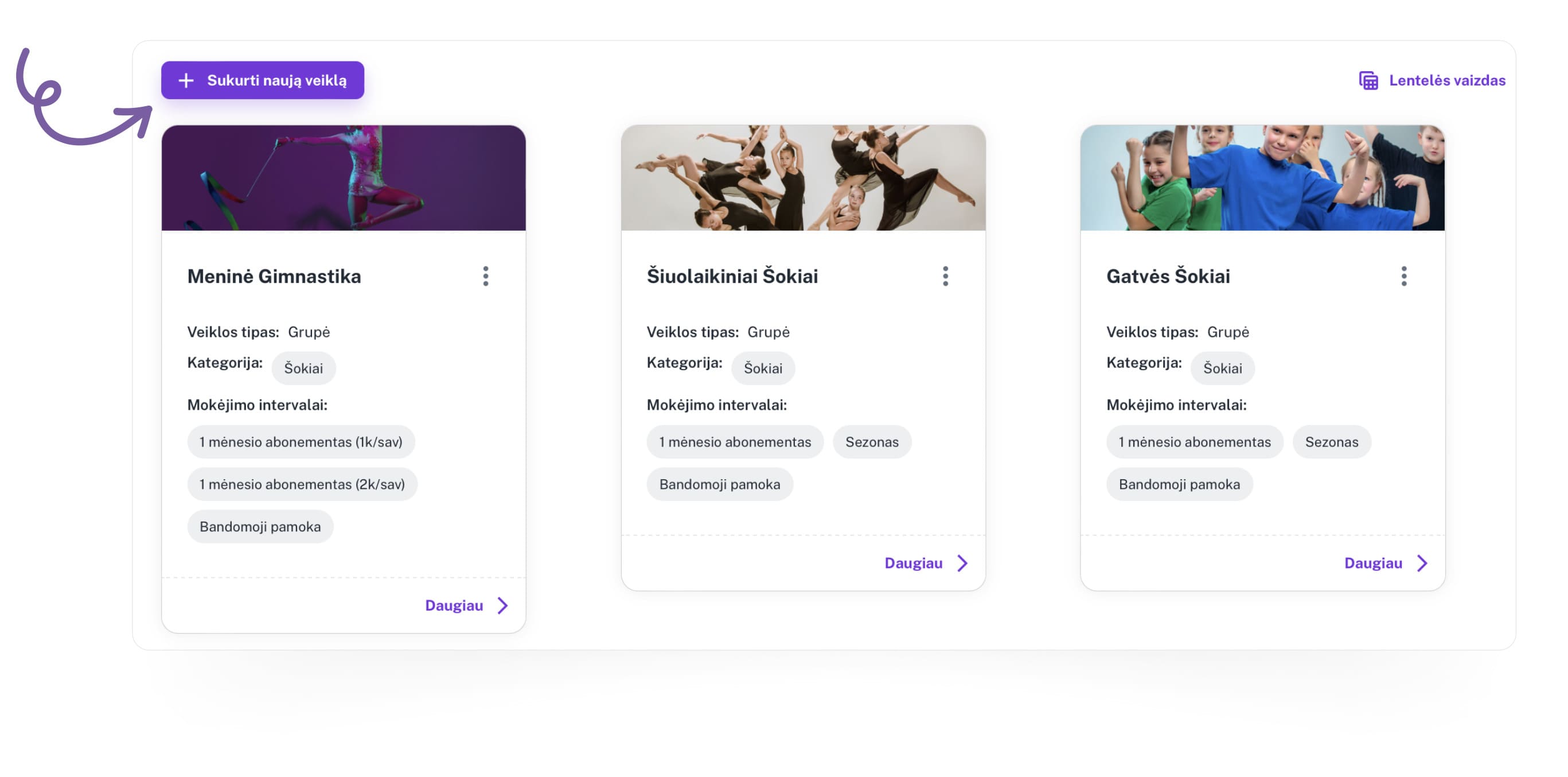 EXOCLASS sistemos veiklos kūrimo ekranas, kuriame galima sukurti švietimo organizacijos vedamas programas - jų aprašymus, nuotraukas, būrelio sutartį. 