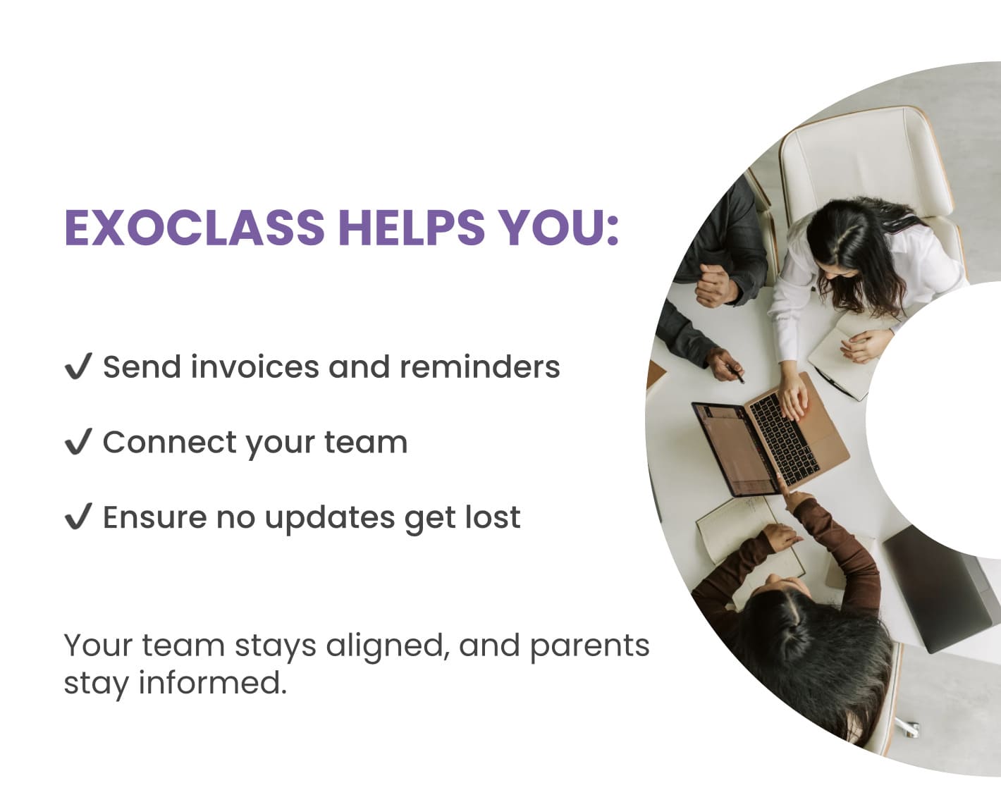 A visual of EXOCLASS features that helps educational organizations manage after-school seasonality – from registration flows to teacher workload