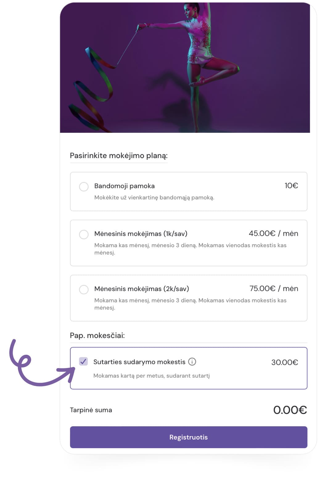 XOCLASS papildomų paslaugų pasirinkimo ekranas, skirtas būrelio registracijos papildomoms paslaugoms, tokioms kaip marškinėliai ar transportas