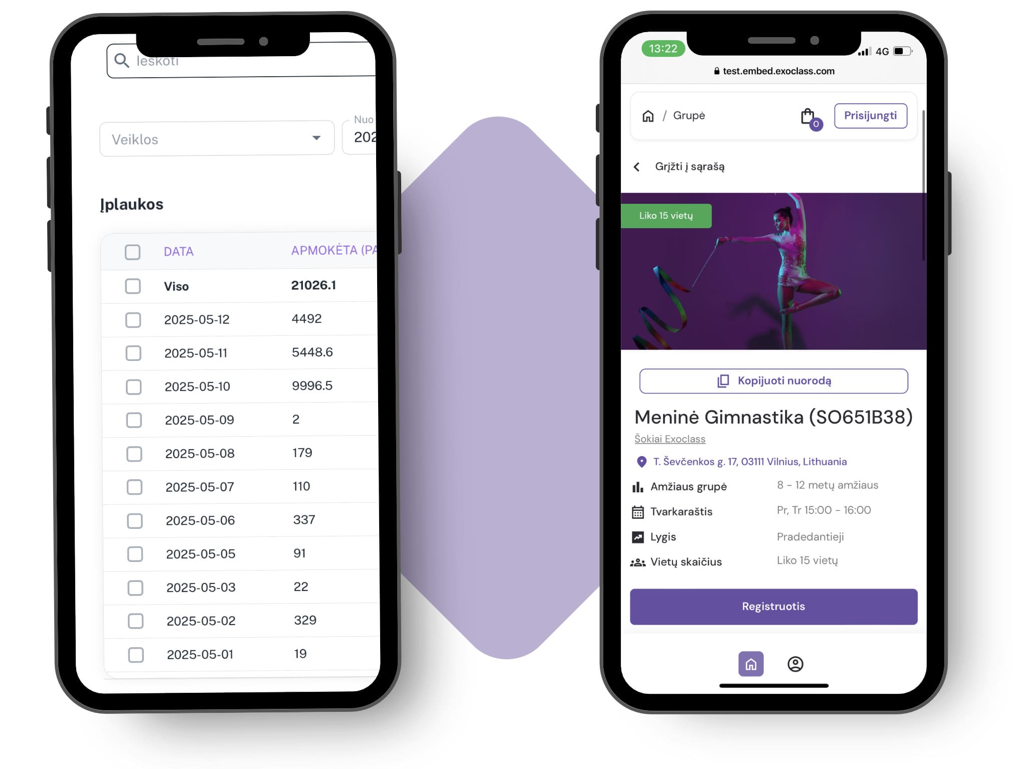 EXOCLASS online būrelių registracijos puslapis leidžia sklandžiai valdyti renginių registracijas, priimti apmokėjimus vietoje ir realiu laiku stebėti pajamas.