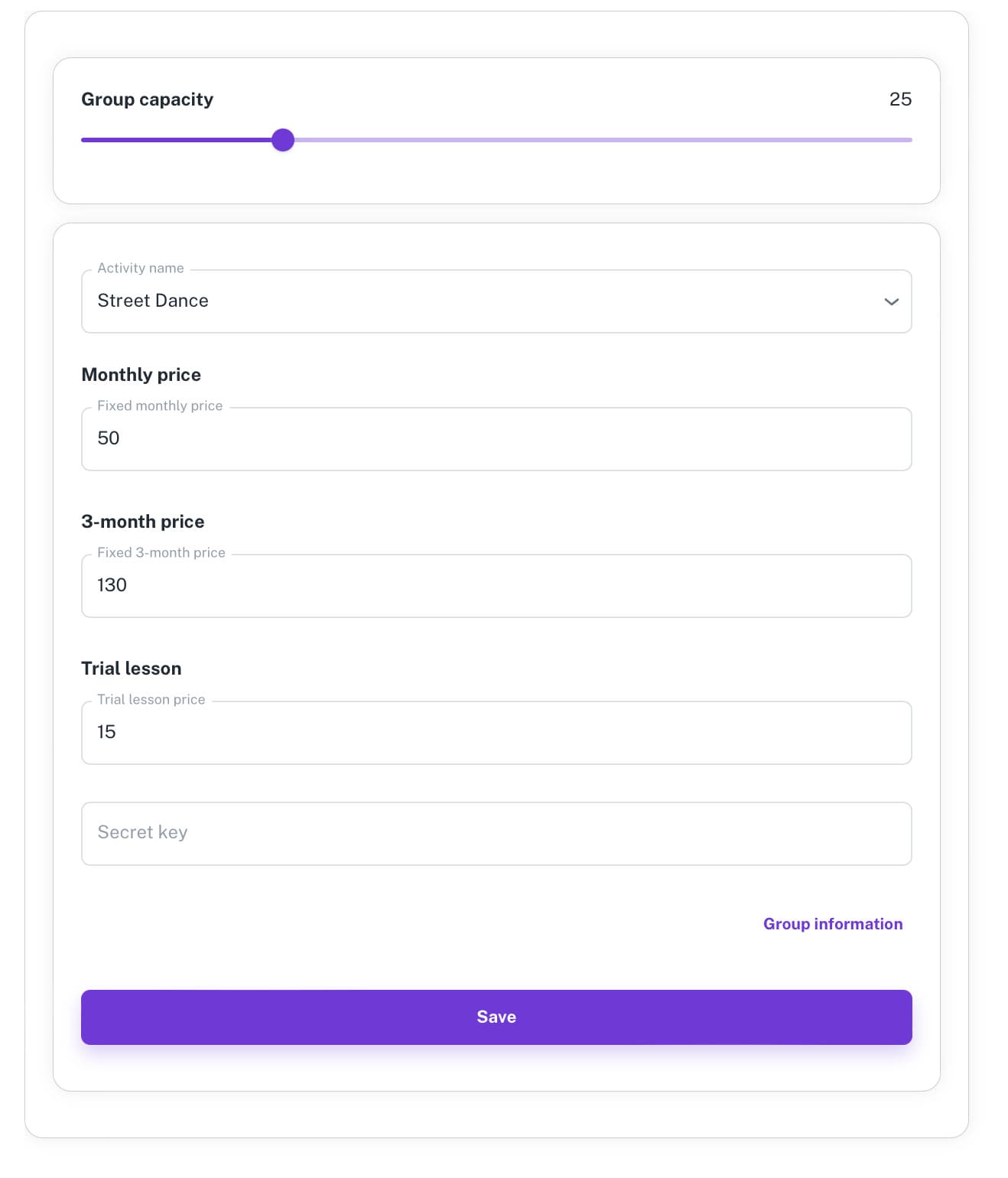 EXOCLASS lesson schedule creation screen, where you set group names, periods, prices, and the number of spots available.