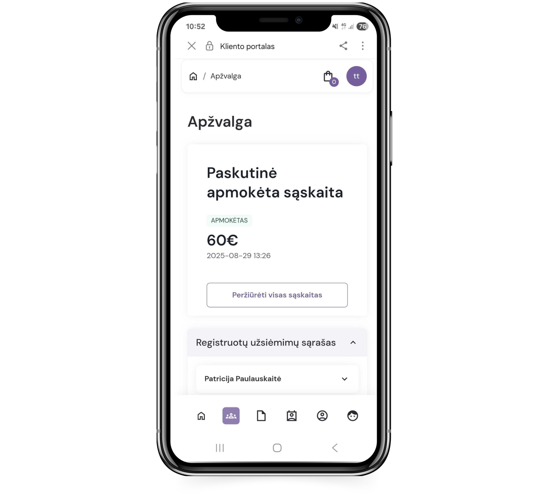 EXOCLASS kliento paskyra leidžia klientams apmokėti sąskaitas, stebėti mokinių lankomumą, būrelio sutartis.
